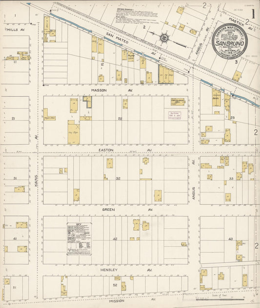 Sanborn Fire Insurance Map from San Bruno, San Mateo County, California (1913), Sheet #0001 - Complete Map Set gallery image, historic Sanborn map, vintage wall art, California California