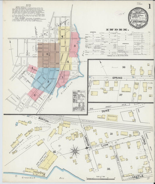Sanborn Fire Insurance Map from East Greenwich, Kent County, Rhode Island (1891), Sheet #0001 - Historic Sanborn Fire Insurance Map Print, vintage old map wall art, antique decor, genealogy gift, Rhode Island Rhode Island map