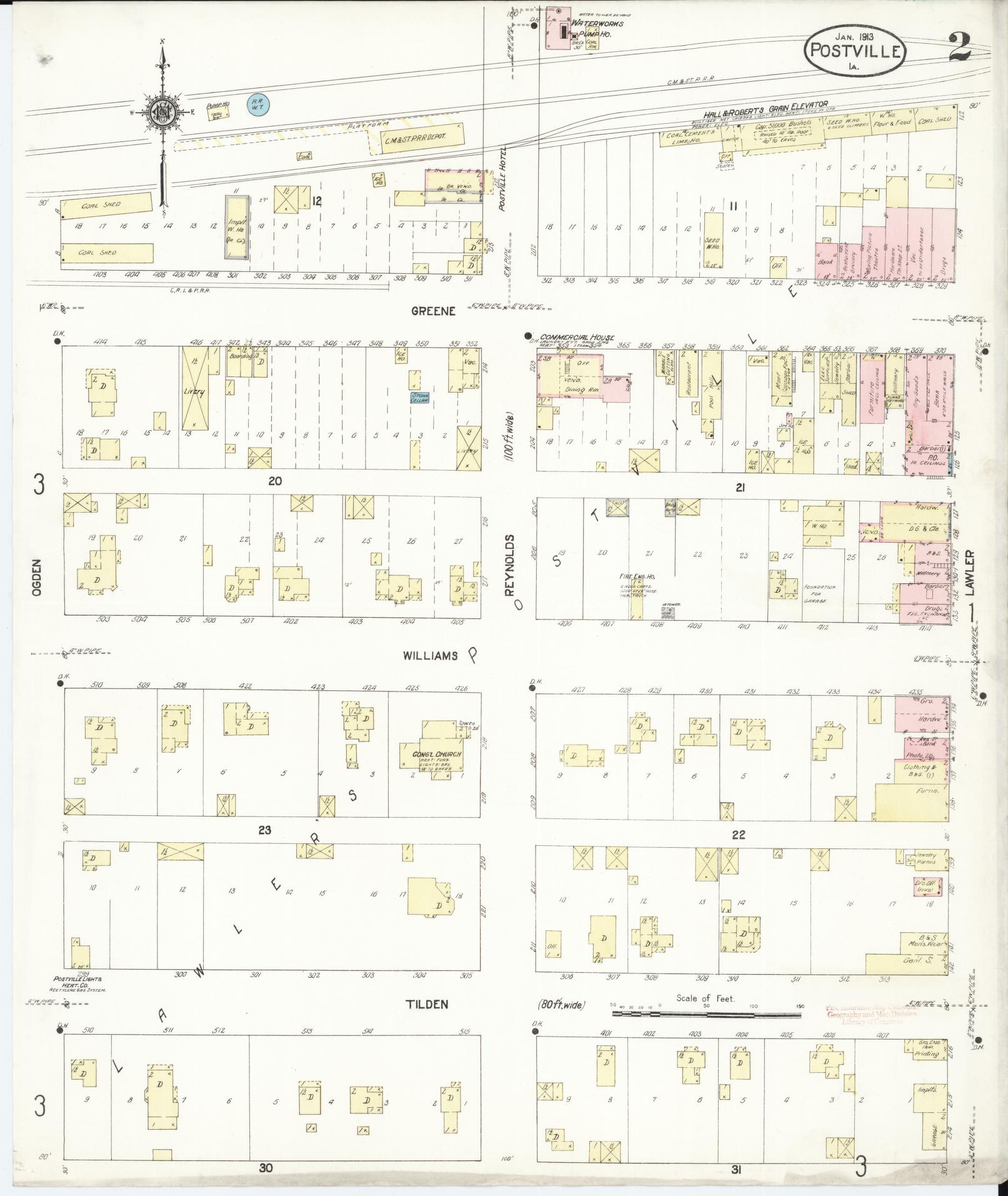 Sanborn Fire Insurance Map from Postville, Allamakee County, Iowa (1913), Sheet #0002 - Historic Sanborn Fire Insurance Map Print, vintage old map wall art