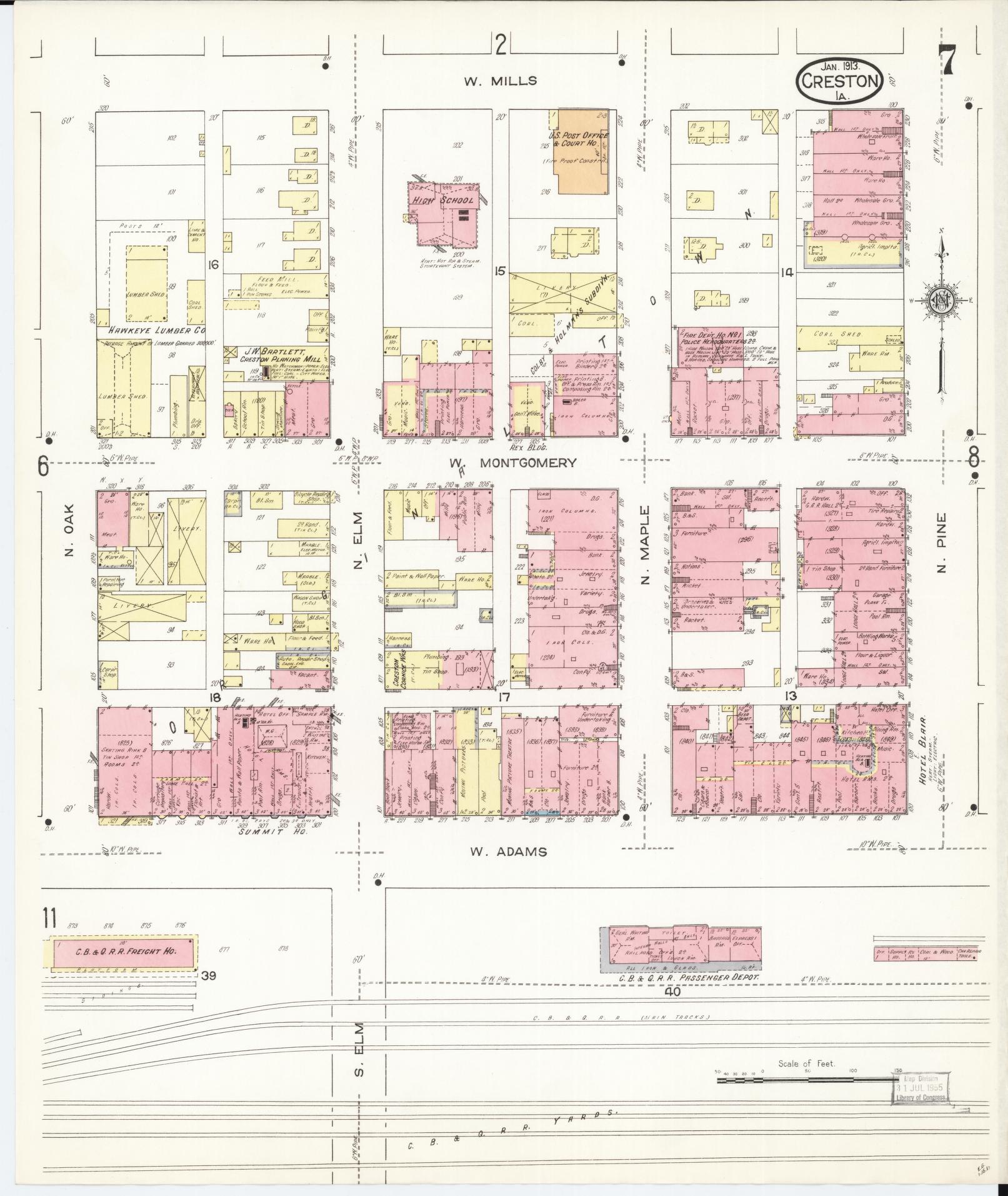 Sanborn Fire Insurance Map from Creston, Union County, Iowa (1913), Sheet #0007 - Historic Sanborn Fire Insurance Map Print, vintage old map wall art