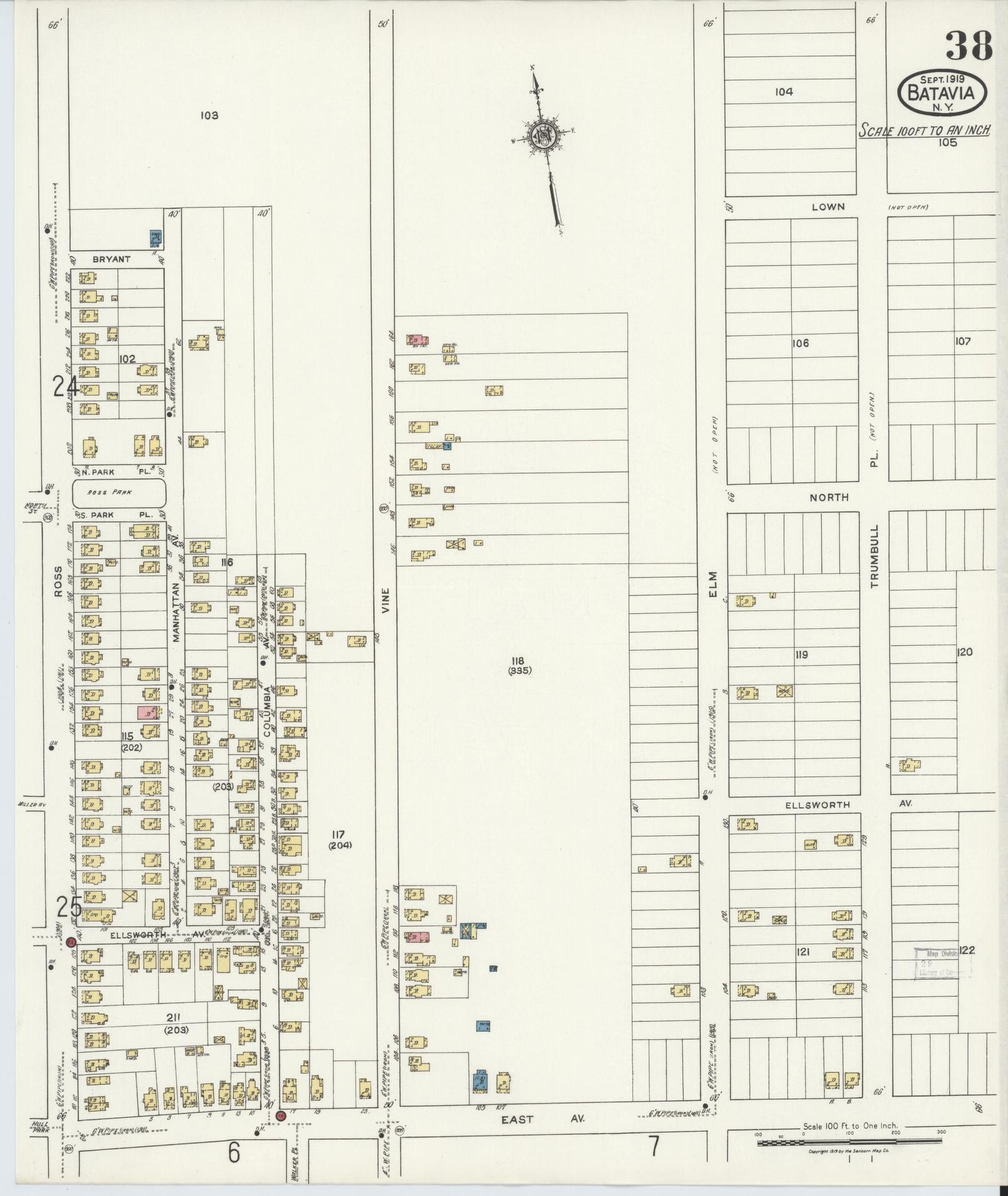 Sanborn Fire Insurance Map from Batavia, Genesee County, New York (1919), Sheet #0038 - Historic Sanborn Fire Insurance Map Print, vintage old map wall art, antique decor, genealogy gift, New York New York map