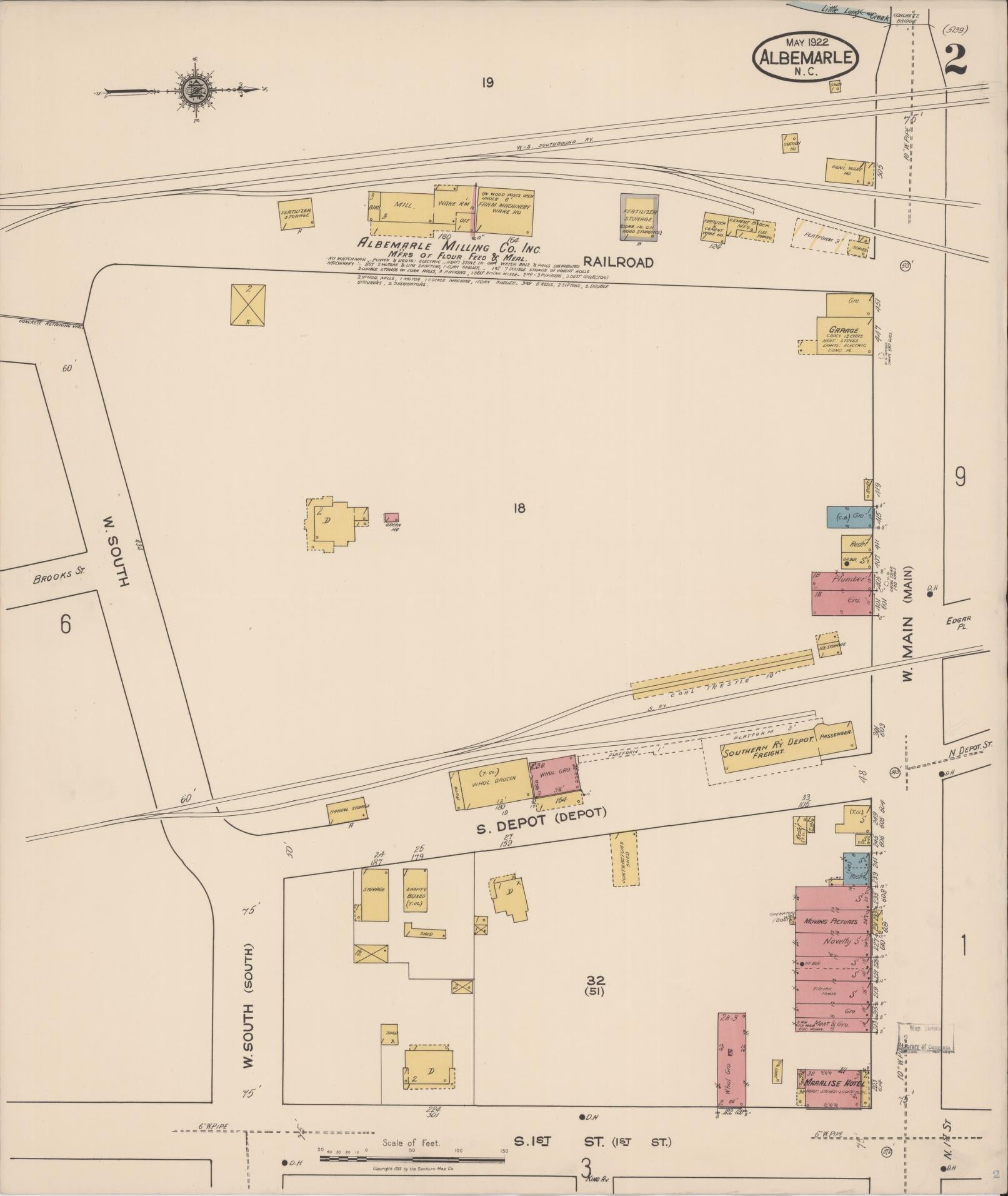 Sanborn Fire Insurance Map from Albemarle, Stanley County, North Carolina (1922), Sheet #0002 - Complete Map Set gallery image, historic Sanborn map, vintage wall art, North Carolina North Carolina