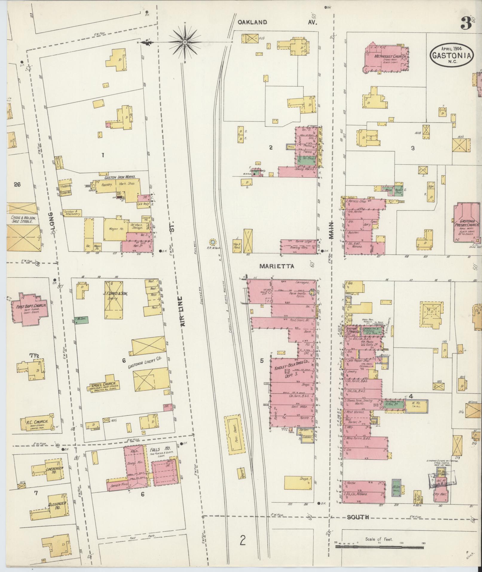Sanborn Fire Insurance Map from Gastonia, Gaston County, North Carolina (1904), Sheet #0003 - Historic Sanborn Fire Insurance Map Print, vintage old map wall art, antique decor, genealogy gift, North Carolina North Carolina map