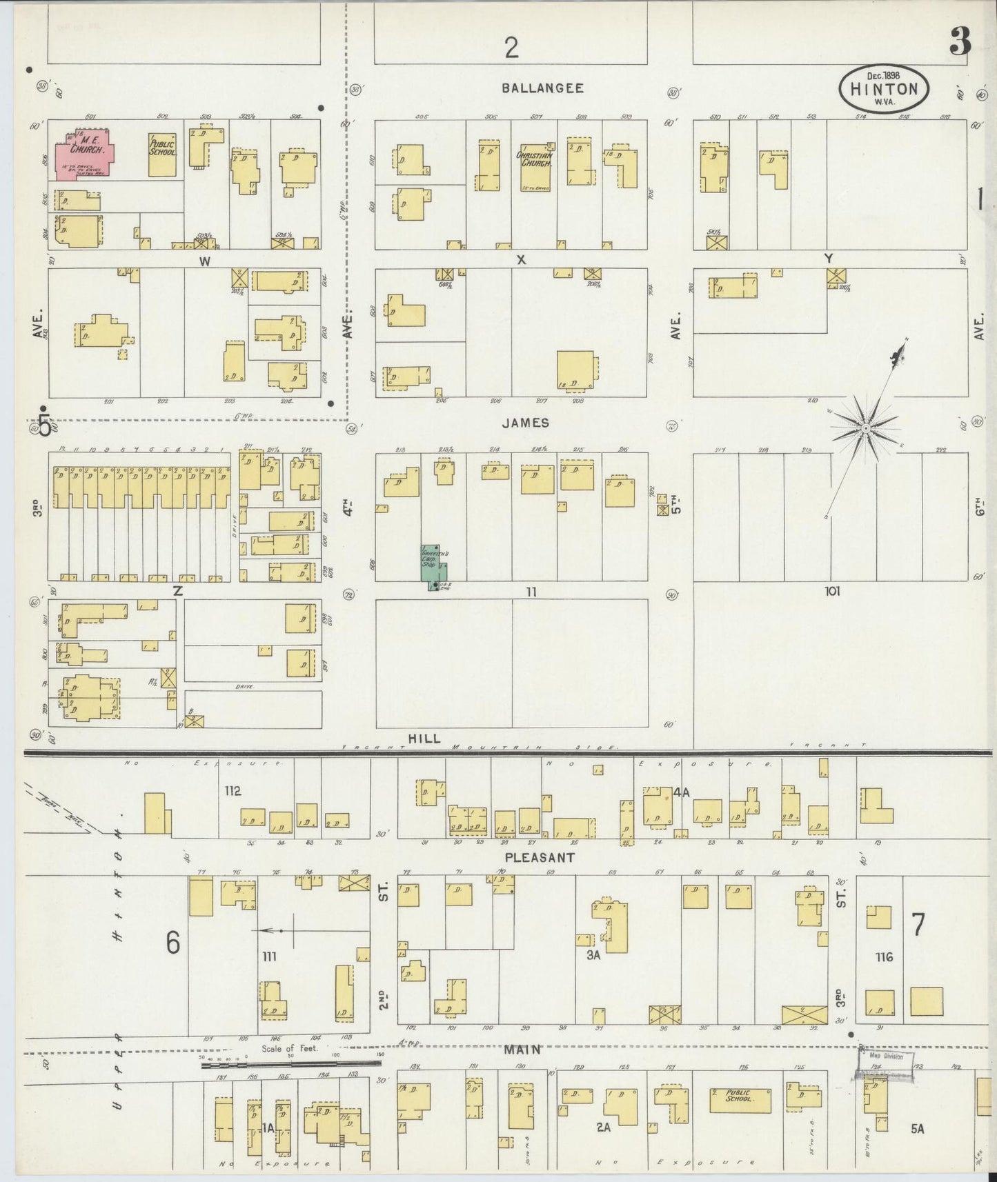 Sanborn Fire Insurance Map from Hinton, Summer County, West Virginia (1898), Sheet #0003 - Complete Map Set gallery image, historic Sanborn map, vintage wall art, West Virginia West Virginia