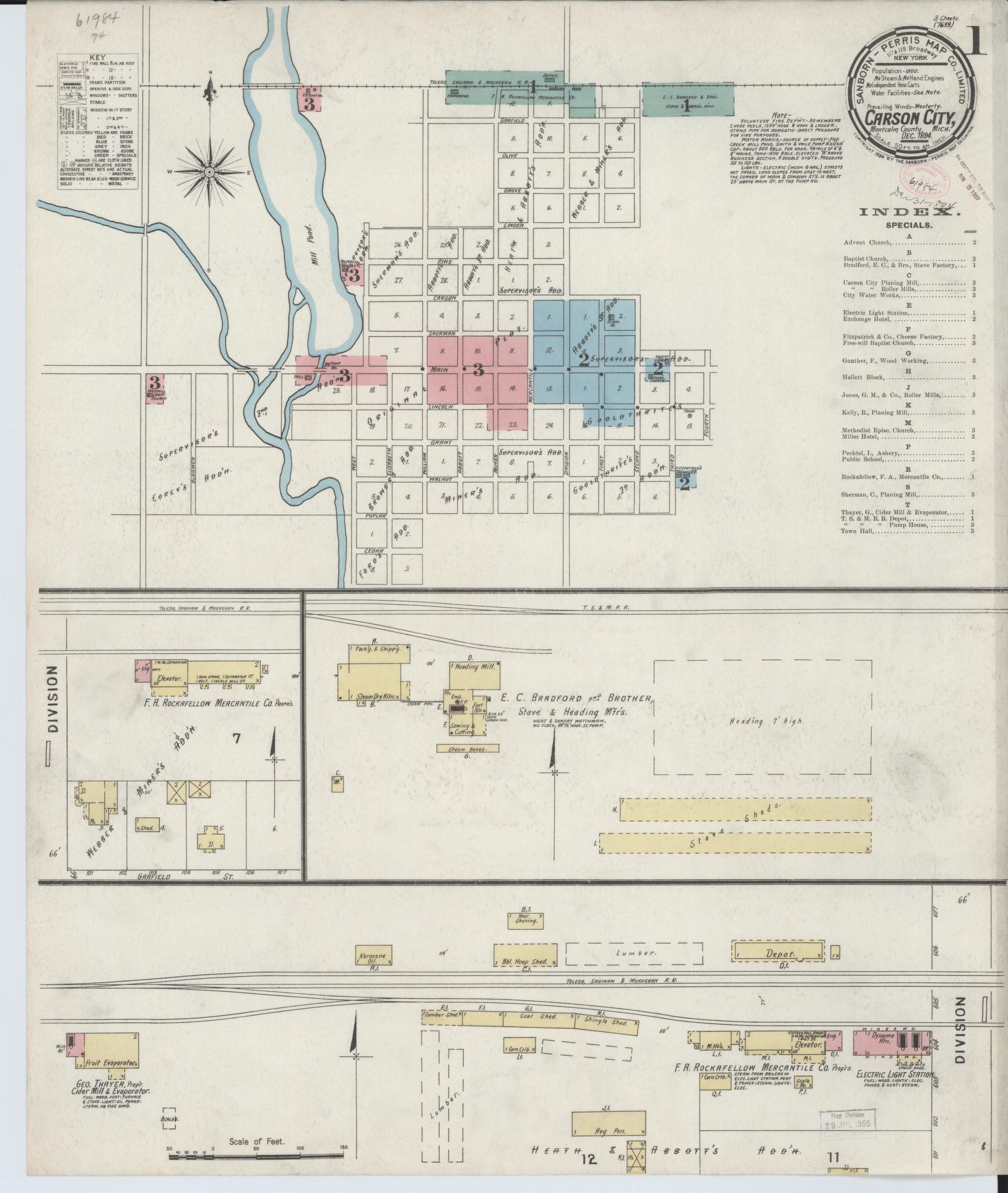 Sanborn Fire Insurance Map from Carson City, Montcalm County, Michigan (1894), Sheet #0001 - Complete Map Set gallery image, historic Sanborn map, vintage wall art, Michigan Michigan
