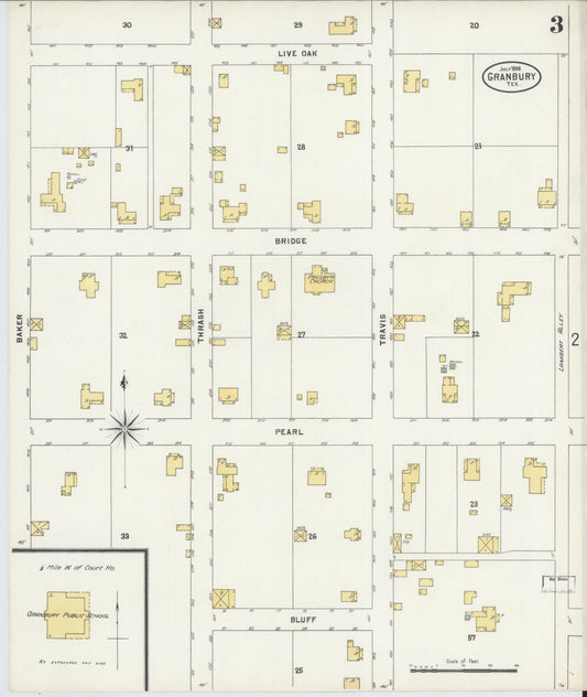 Sanborn Fire Insurance Map from Granbury, Hood County, Texas (1898), Sheet #0003 - Historic Sanborn Fire Insurance Map Print, vintage old map wall art, antique decor, genealogy gift, Texas Texas map