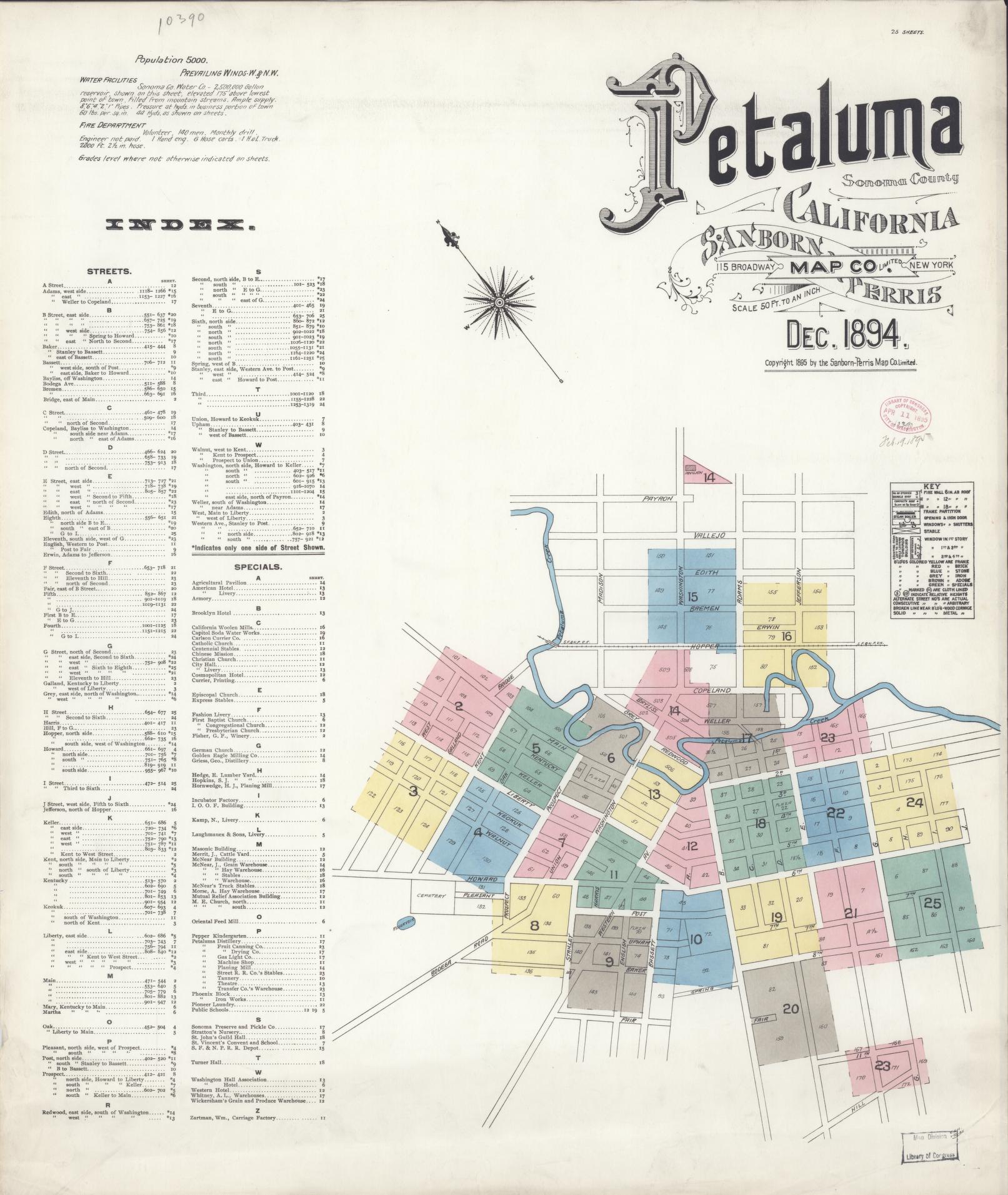 Sanborn Fire Insurance Map from Petaluma, Sonoma County, California (1894), Sheet #0001 - Complete Map Set gallery image, historic Sanborn map, vintage wall art, California California