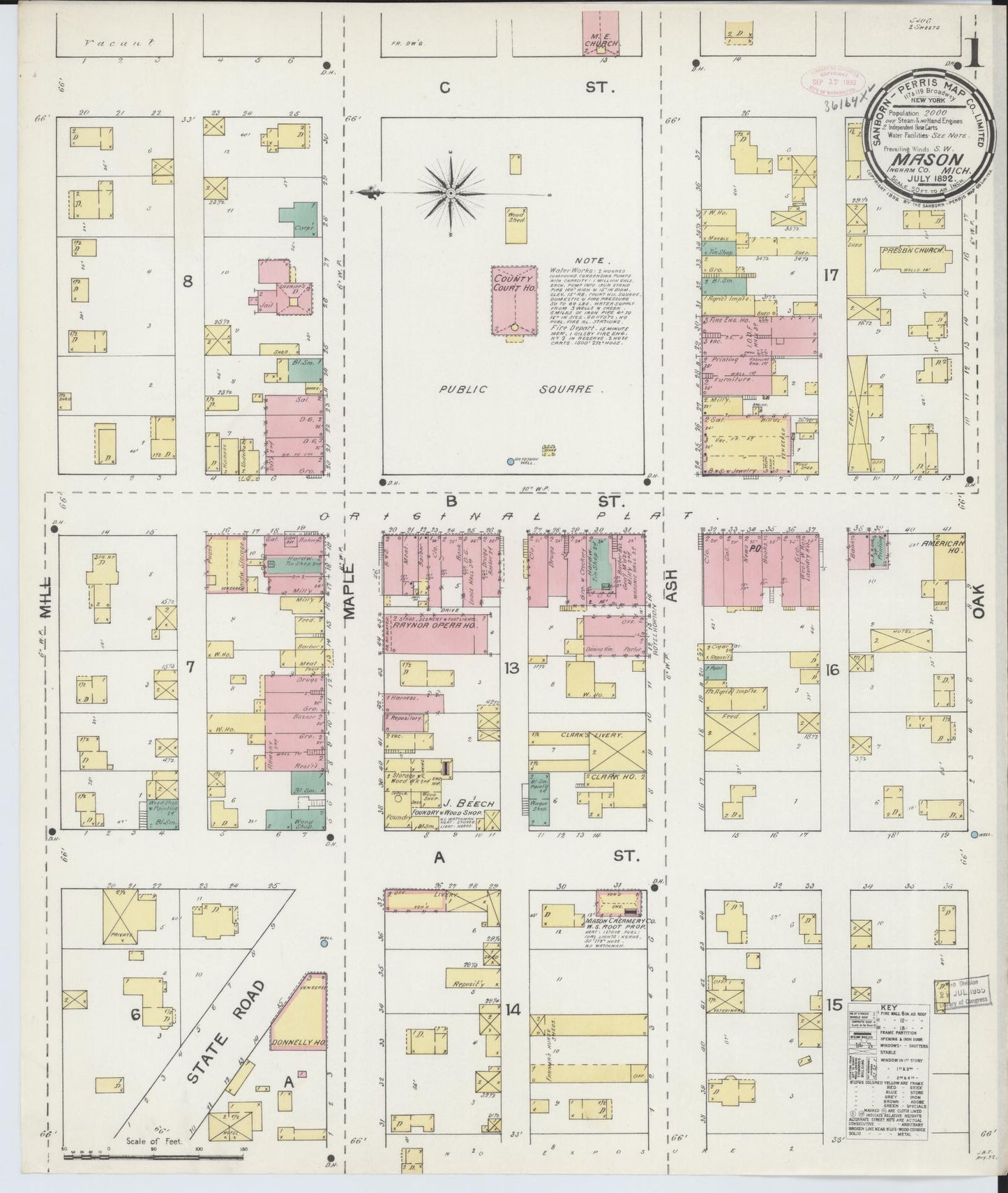 Sanborn Fire Insurance Map from Mason, Ingham County, Michigan (1892), Sheet #0001 - Complete Map Set gallery image, historic Sanborn map, vintage wall art, Michigan Michigan