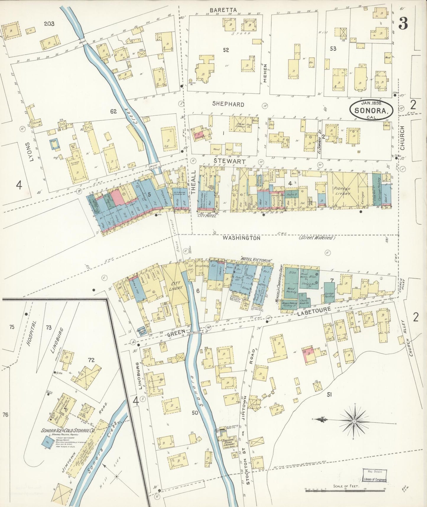 Sanborn Fire Insurance Map from Sonora, Tuolumne County, California (1898), Sheet #0003 - Complete Map Set gallery image, historic Sanborn map, vintage wall art, California California
