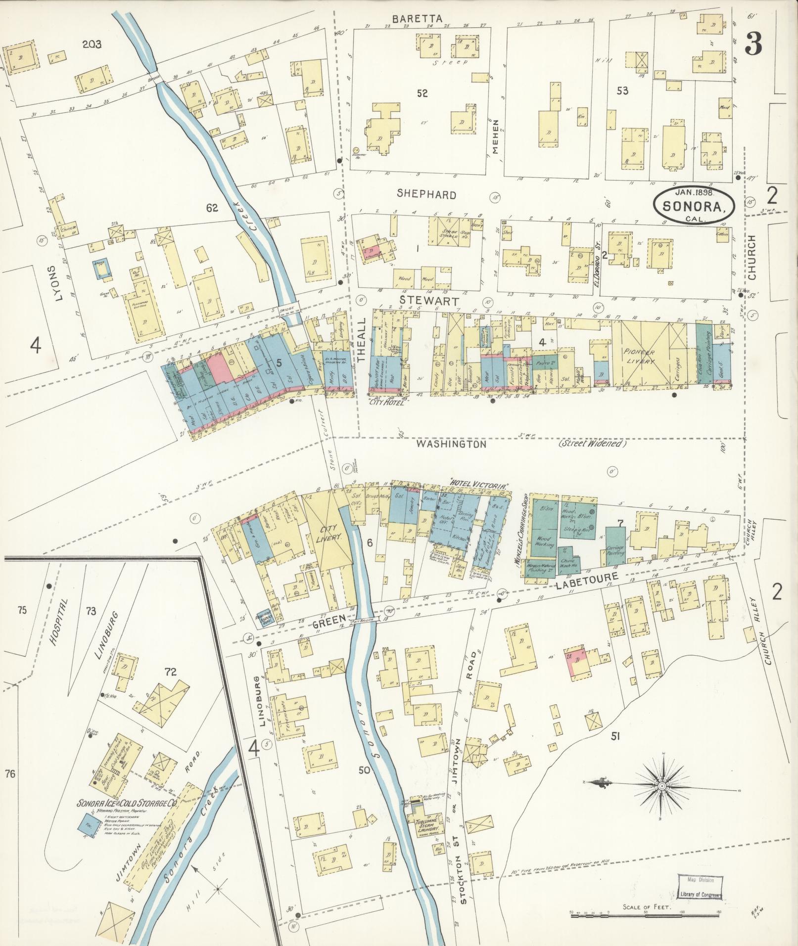 Sanborn Fire Insurance Map from Sonora, Tuolumne County, California (1898), Sheet #0003 - Complete Map Set gallery image, historic Sanborn map, vintage wall art, California California