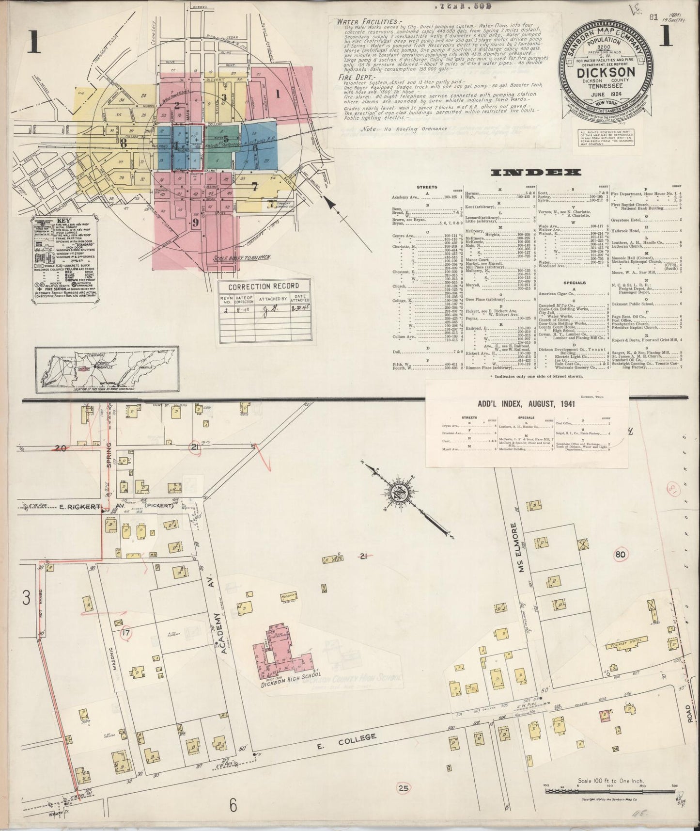 Sanborn Fire Insurance Map from Dickson, Dickson County, Tennessee (1941), Sheet #0001 - Complete Map Set gallery image, historic Sanborn map, vintage wall art, Tennessee Tennessee