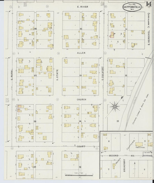 Sanborn Fire Insurance Map from Chippewa Falls, Chippewa County, Wisconsin (1895), Sheet #0014 - Historic Sanborn Fire Insurance Map Print, vintage old map wall art, antique decor, genealogy gift, Wisconsin Wisconsin map