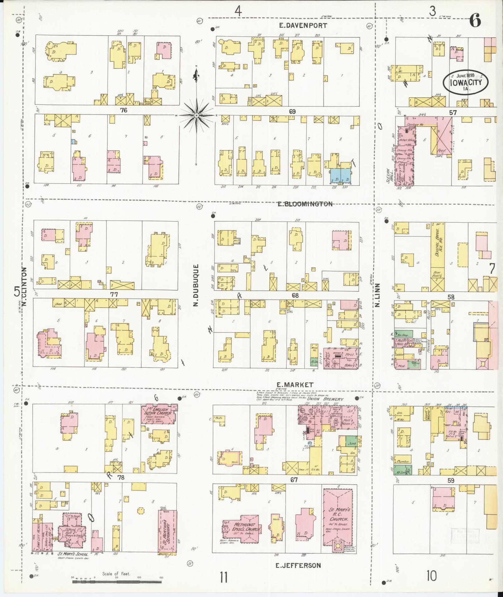 Sanborn Fire Insurance Map from Iowa City, Johnson County, Iowa (1899), Sheet #0006 - Historic Sanborn Fire Insurance Map Print, vintage old map wall art