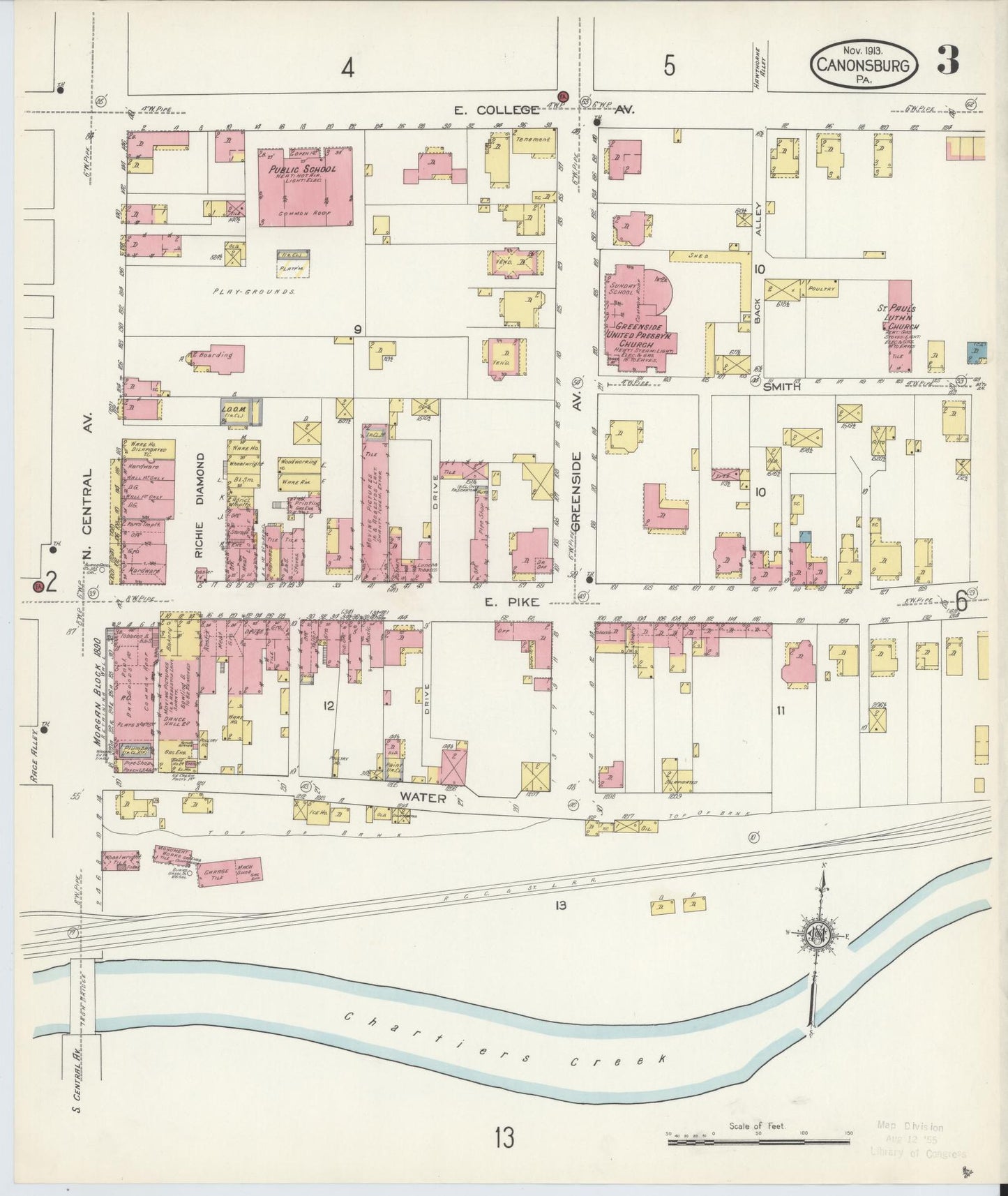 Sanborn Fire Insurance Map from Canonsburg, Washington County, Pennsylvania (1913), Sheet #0003 - Historic Sanborn Fire Insurance Map Print, vintage old map wall art, antique decor, genealogy gift, Pennsylvania Pennsylvania map