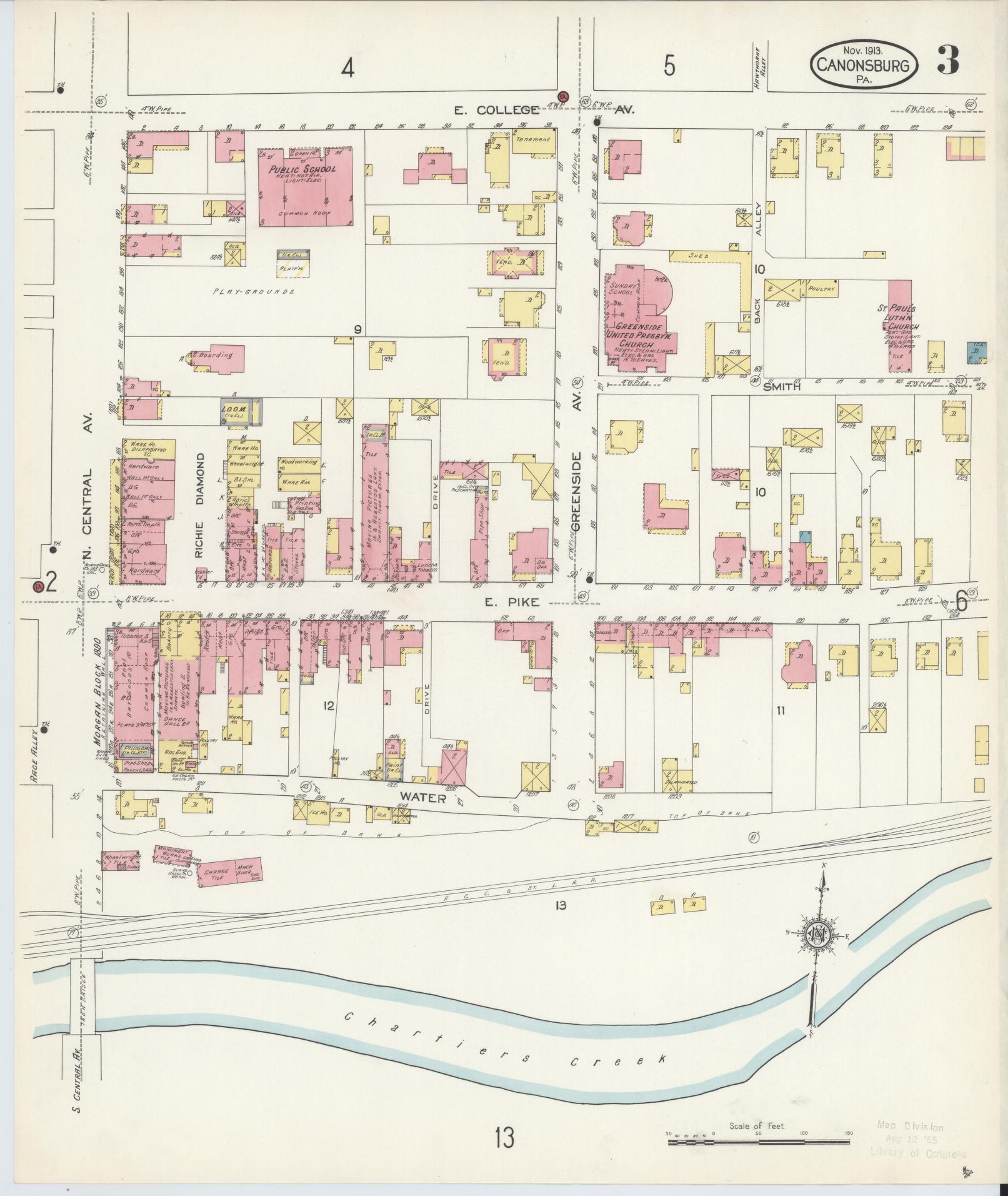 Sanborn Fire Insurance Map from Canonsburg, Washington County, Pennsylvania (1913), Sheet #0003 - Historic Sanborn Fire Insurance Map Print, vintage old map wall art, antique decor, genealogy gift, Pennsylvania Pennsylvania map