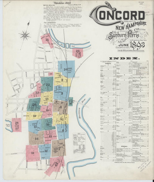 Sanborn Fire Insurance Map from Concord, Merrimack County, New Hampshire (1893), Sheet #0001 - Historic Sanborn Fire Insurance Map Print, vintage old map wall art, antique decor, genealogy gift, New Hampshire New Hampshire map