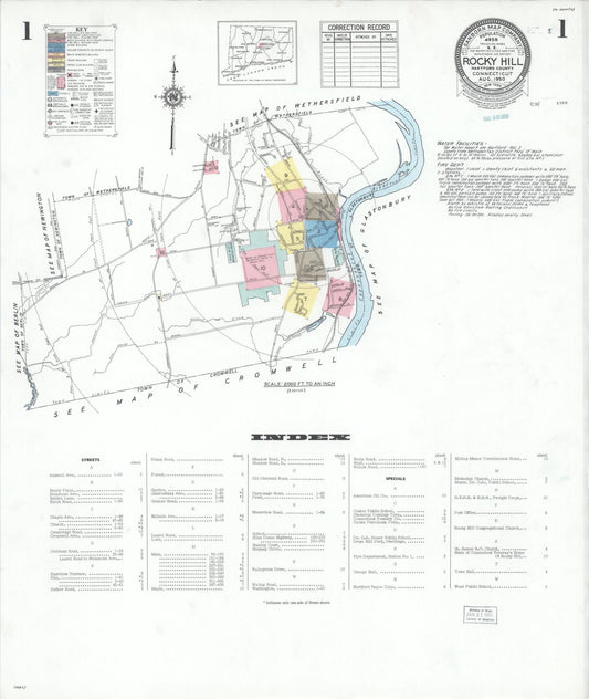 Sanborn Fire Insurance Map from Rocky Hill, Hartford County, Connecticut (1950), Sheet #0001 - Historic Sanborn Fire Insurance Map Print, vintage old map wall art, antique decor, genealogy gift, Connecticut Connecticut map