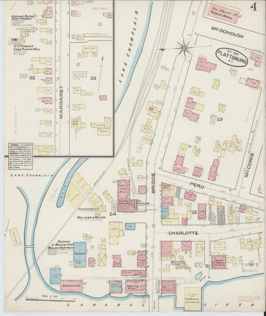 Sanborn Fire Insurance Map from Plattsburg, Clinton County, New York (1884), Sheet #0004 - Historic Sanborn Fire Insurance Map Print, vintage old map wall art, antique decor, genealogy gift, New York New York map