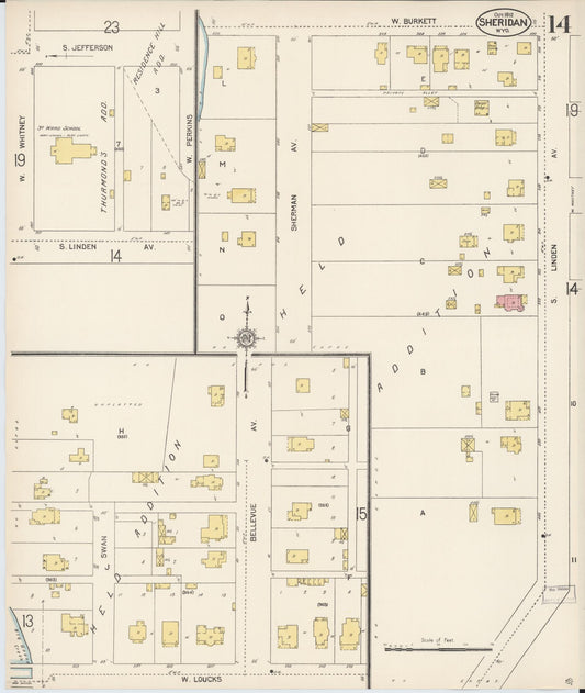 Sanborn Fire Insurance Map from Sheridan, Sheridan County, Wyoming (1912), Sheet #0014 - Historic Sanborn Fire Insurance Map Print, vintage old map wall art, antique decor, genealogy gift, Wyoming Wyoming map