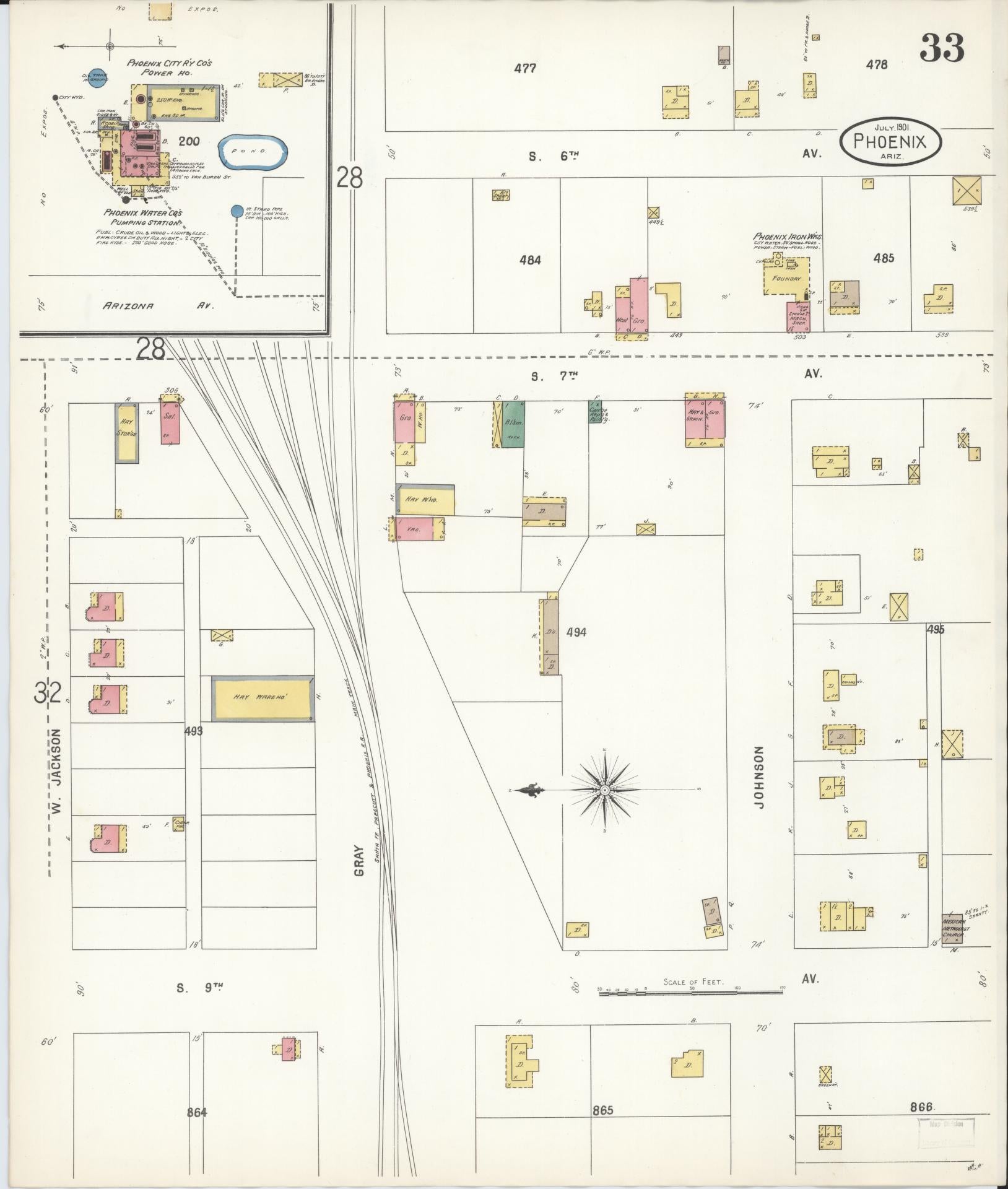 Sanborn Fire Insurance Map from Phoenix, Maricopa County, Arizona (1901), Sheet #0033 - Historic Sanborn Fire Insurance Map Print, vintage old map wall art, antique decor, genealogy gift, Arizona Arizona map