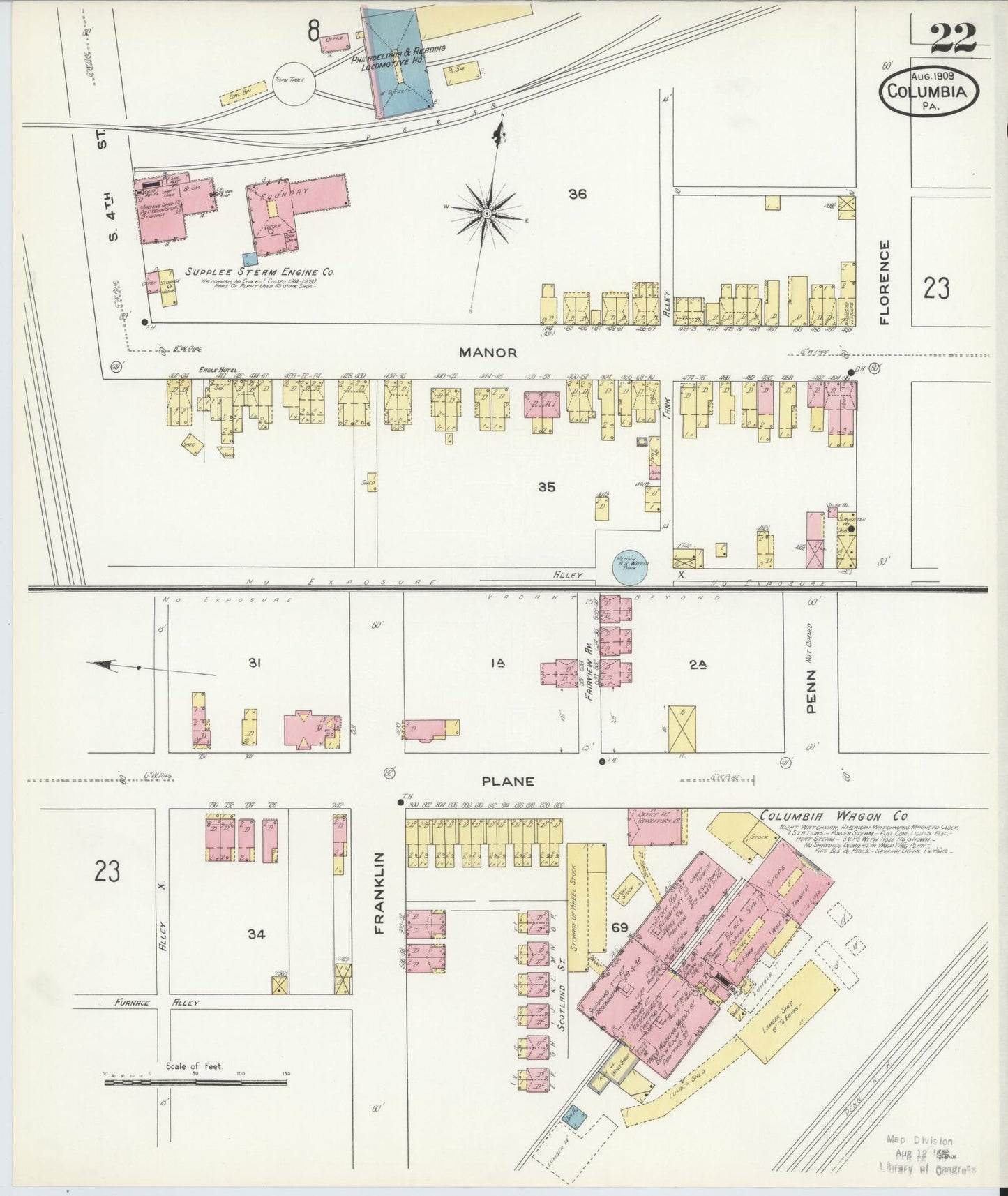 Sanborn Fire Insurance Map from Columbia, Lancaster County, Pennsylvania (1909), Sheet #0022 - Historic Sanborn Fire Insurance Map Print, vintage old map wall art, antique decor, genealogy gift, Pennsylvania Pennsylvania map