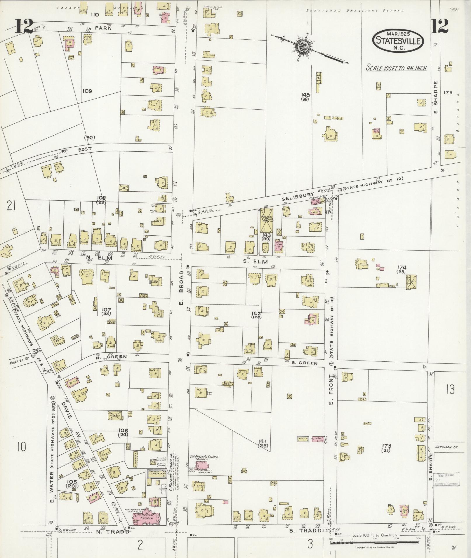 Sanborn Fire Insurance Map from Statesville, Iredell County, North Carolina (1925), Sheet #0012 - Complete Map Set gallery image, historic Sanborn map, vintage wall art, North Carolina North Carolina