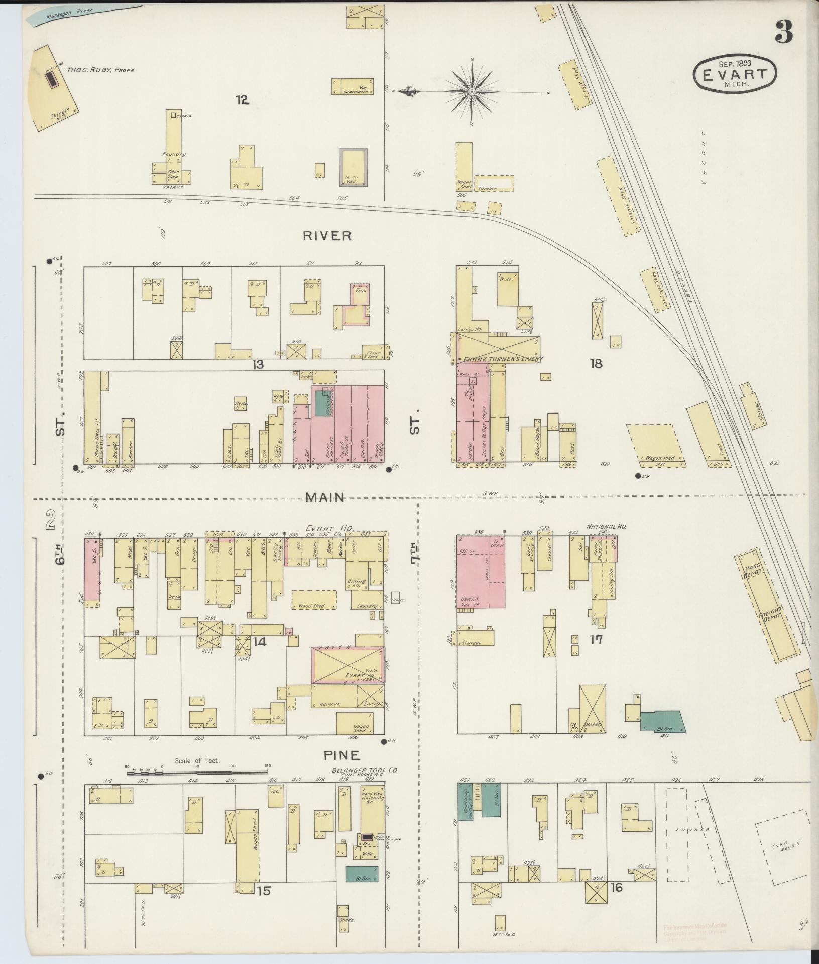 Sanborn Fire Insurance Map from Evart, Osceola County, Michigan (1893), Sheet #0003 - Historic Sanborn Fire Insurance Map Print, vintage old map wall art, antique decor, genealogy gift, Michigan Michigan map