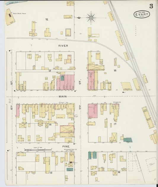 Sanborn Fire Insurance Map from Evart, Osceola County, Michigan (1893), Sheet #0003 - Historic Sanborn Fire Insurance Map Print, vintage old map wall art, antique decor, genealogy gift, Michigan Michigan map