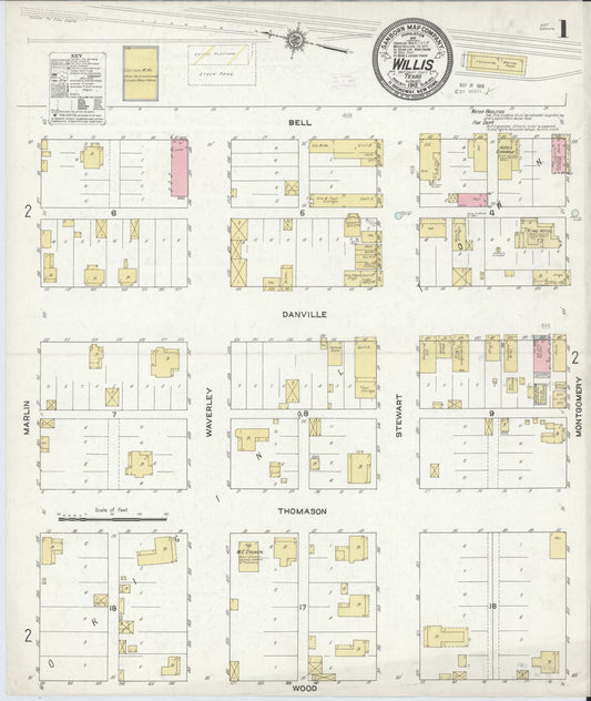 Sanborn Fire Insurance Map from Willis, Montgomery County, Texas (1912), Sheet #0001 - Historic Sanborn Fire Insurance Map Print, vintage old map wall art, antique decor, genealogy gift, Texas Texas map