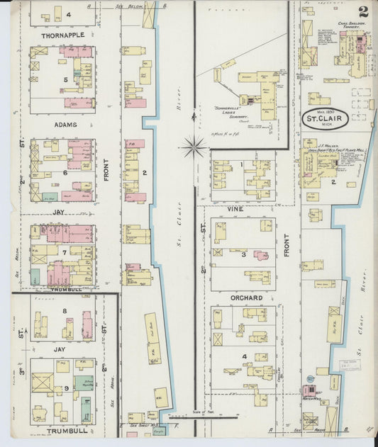 Sanborn Fire Insurance Map from Saint Clair, Saint Clair County, Michigan (1890), Sheet #0002 - Historic Sanborn Fire Insurance Map Print, vintage old map wall art, antique decor, genealogy gift, Michigan Michigan map