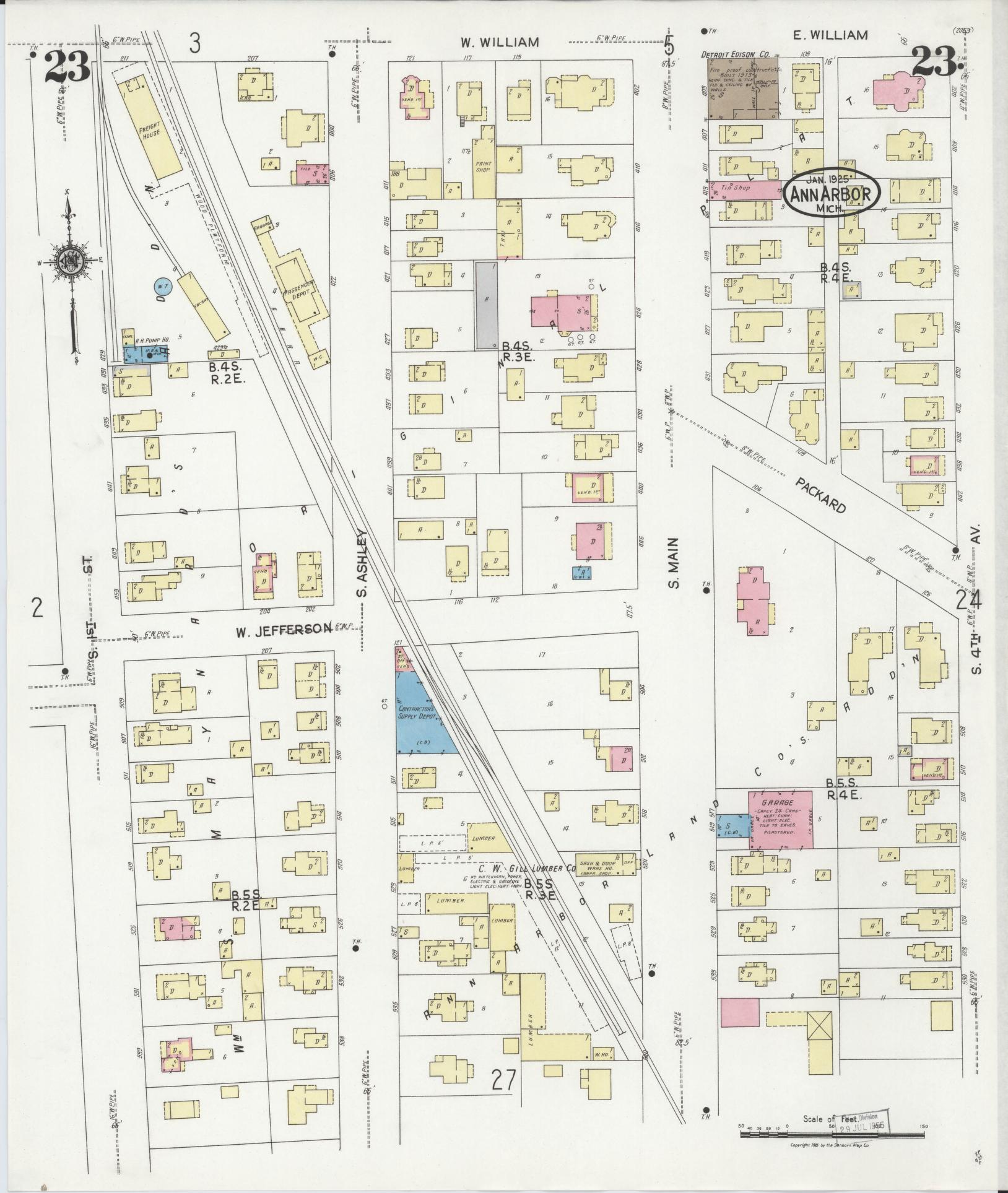 Sanborn Fire Insurance Map from Ann Arbor, Washtenaw County, Michigan (1925), Sheet #0023 - Historic Sanborn Fire Insurance Map Print, vintage old map wall art, antique decor, genealogy gift, Michigan Michigan map