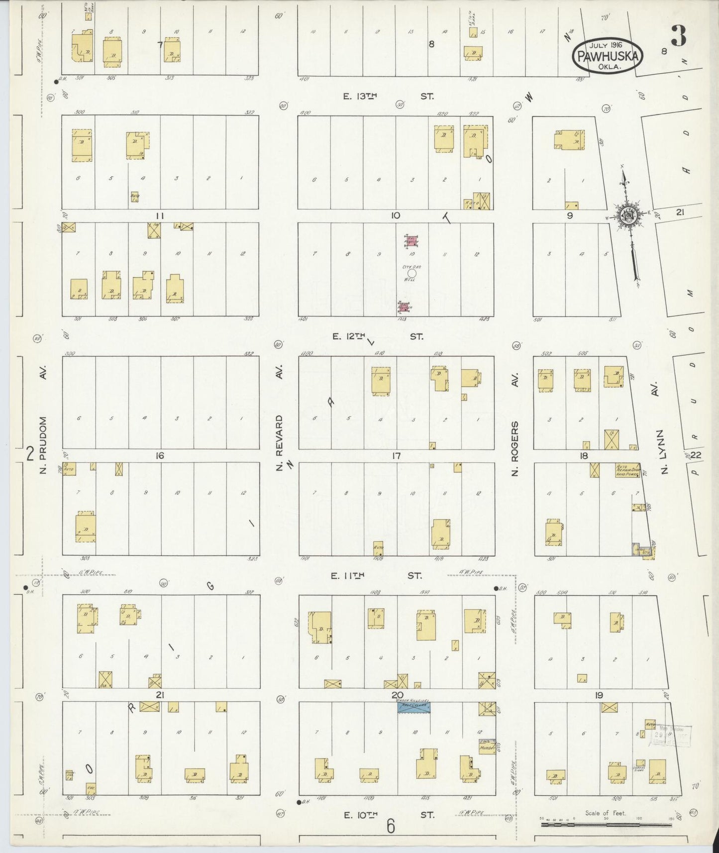 Sanborn Fire Insurance Map from Pawhuska, Osage County, Oklahoma (1916), Sheet #0003 - Complete Map Set gallery image, historic Sanborn map, vintage wall art, Oklahoma Oklahoma