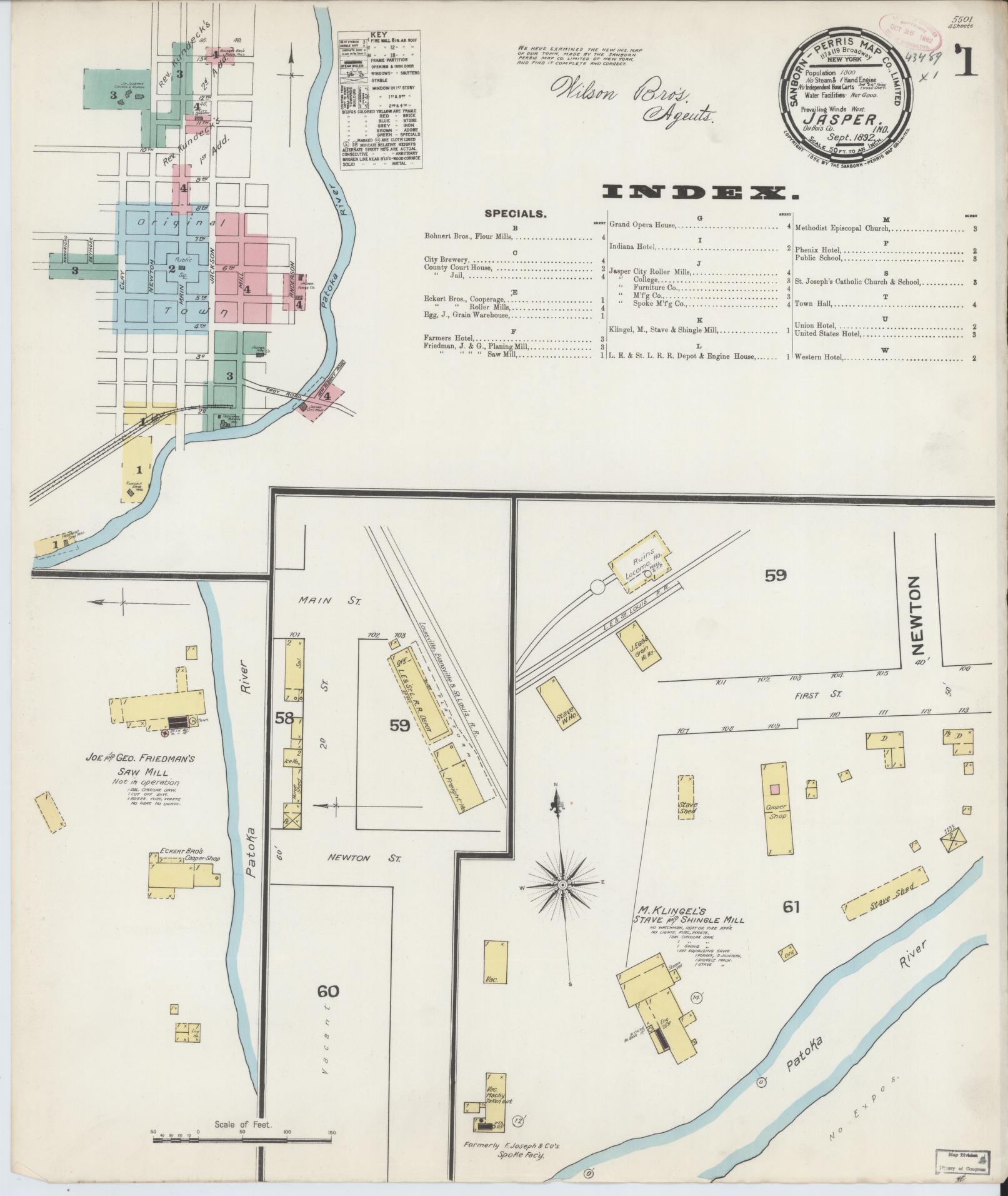 Sanborn Fire Insurance Map from Jasper, Dubois County, Indiana (1892), Sheet #0001 - Complete Map Set gallery image, historic Sanborn map, vintage wall art, Indiana Indiana