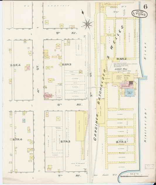 Sanborn Fire Insurance Map from Lyons, Clinton County, Iowa (1886), Sheet #0006 - Historic Sanborn Fire Insurance Map Print, vintage old map wall art