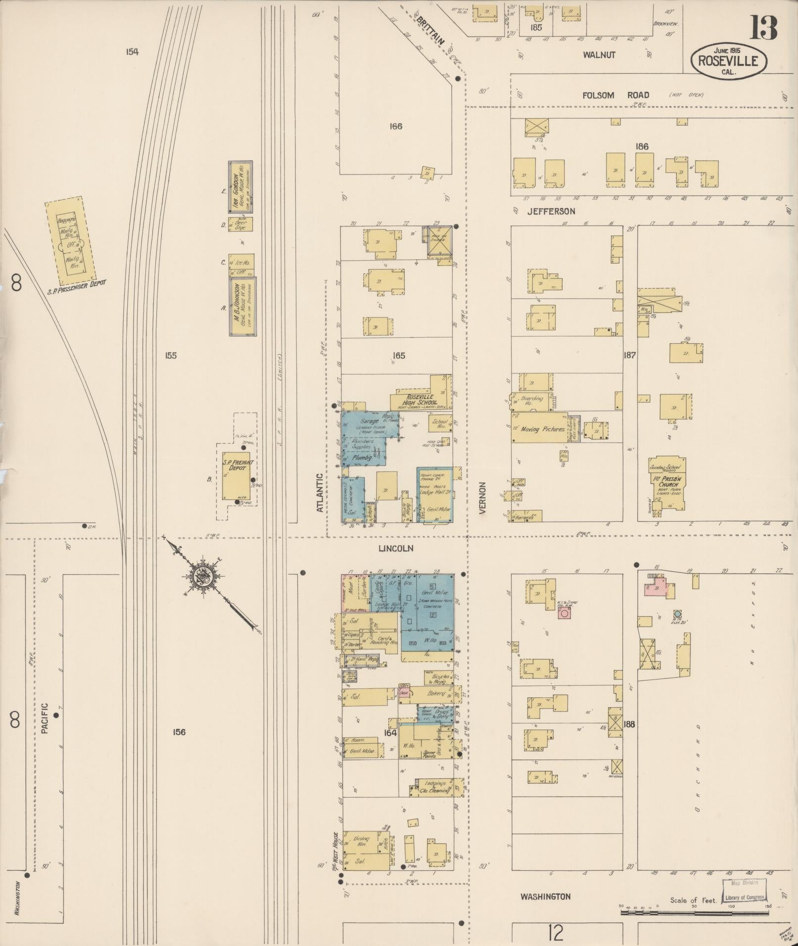 Sanborn Fire Insurance Map from Roseville, Placer County, California (1915), Sheet #0013 - Complete Map Set gallery image, historic Sanborn map, vintage wall art, California California