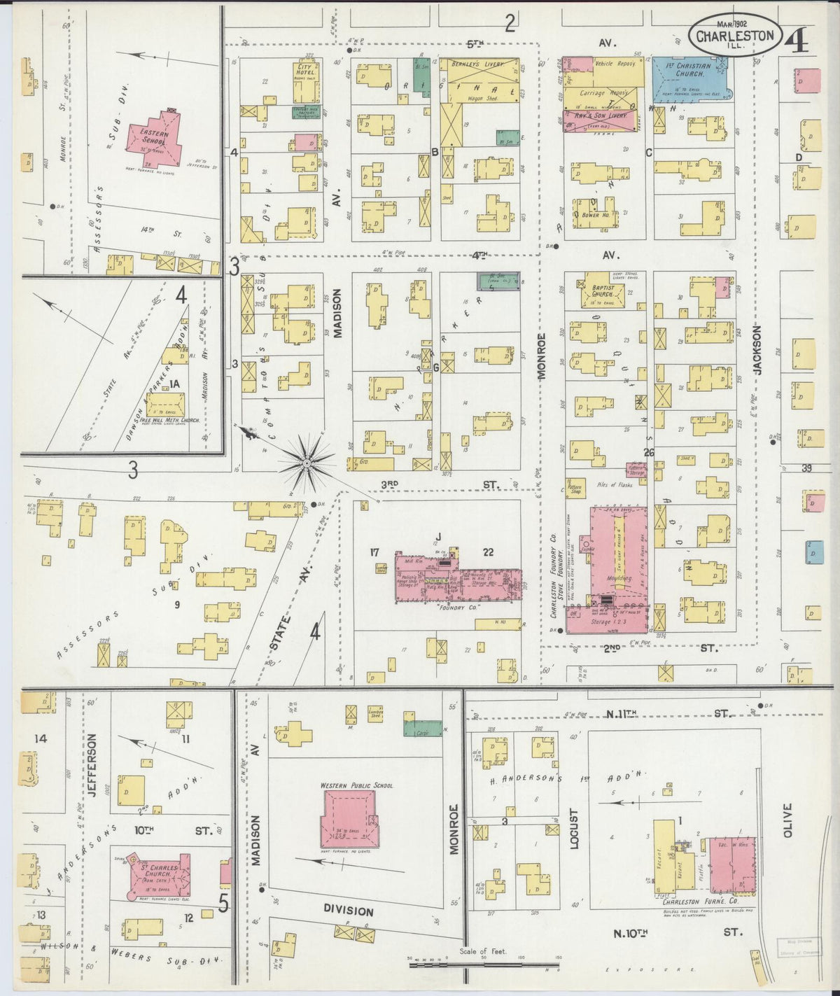 Sanborn Fire Insurance Map from Charleston, Coles County, Illinois (1902), Sheet #0004 - Complete Map Set gallery image, historic Sanborn map, vintage wall art, Illinois Illinois