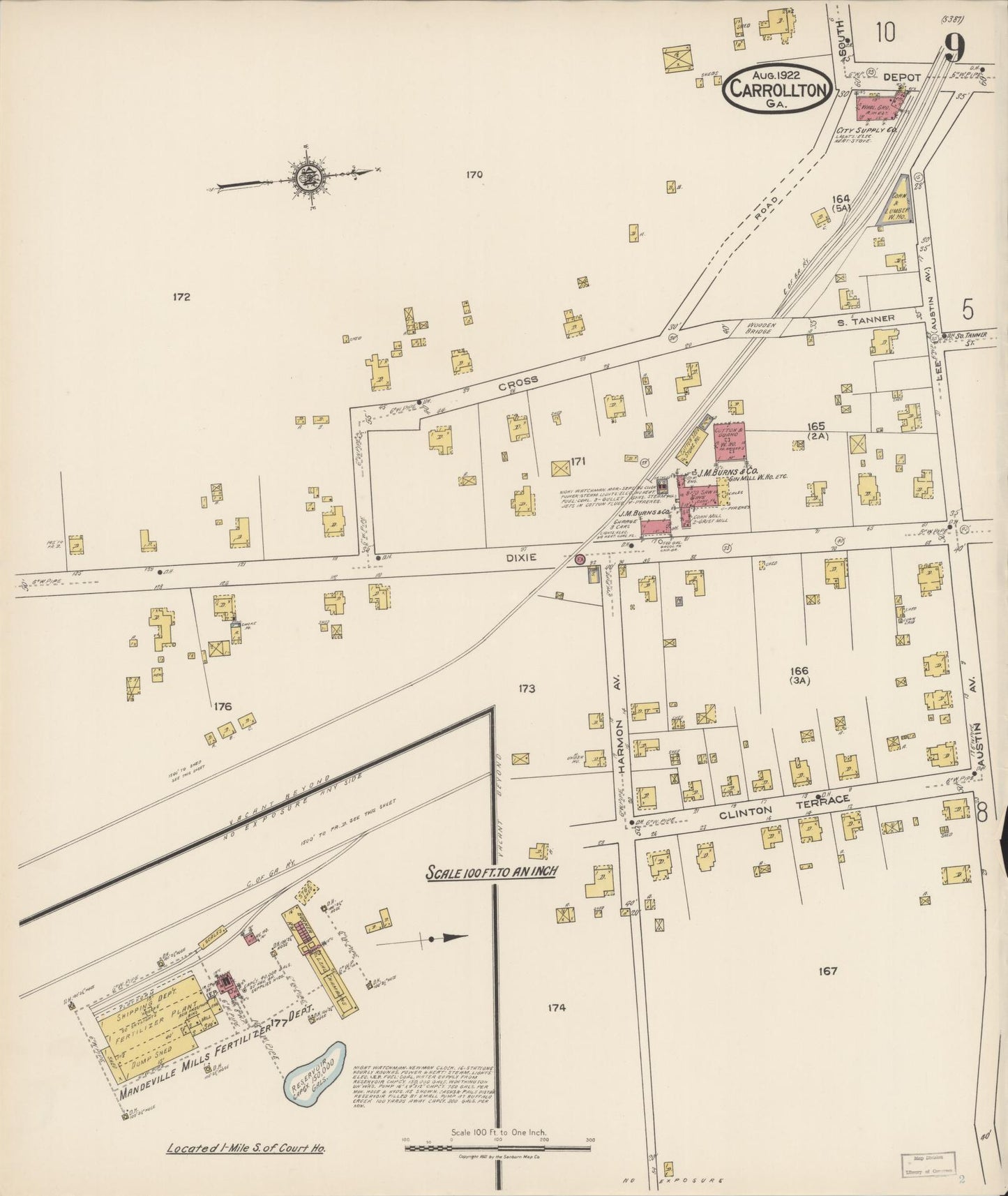 Sanborn Fire Insurance Map from Carrollton, Carroll County, Georgia (1922), Sheet #0009 - Complete Map Set gallery image, historic Sanborn map, vintage wall art, Georgia Georgia