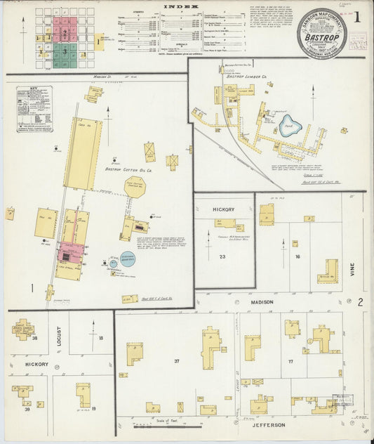 Sanborn Fire Insurance Map from Bastrop, Morehouse Parish, Louisiana (1907), Sheet #0001 - Complete Map Set gallery image, historic Sanborn map, vintage wall art, Louisiana Louisiana