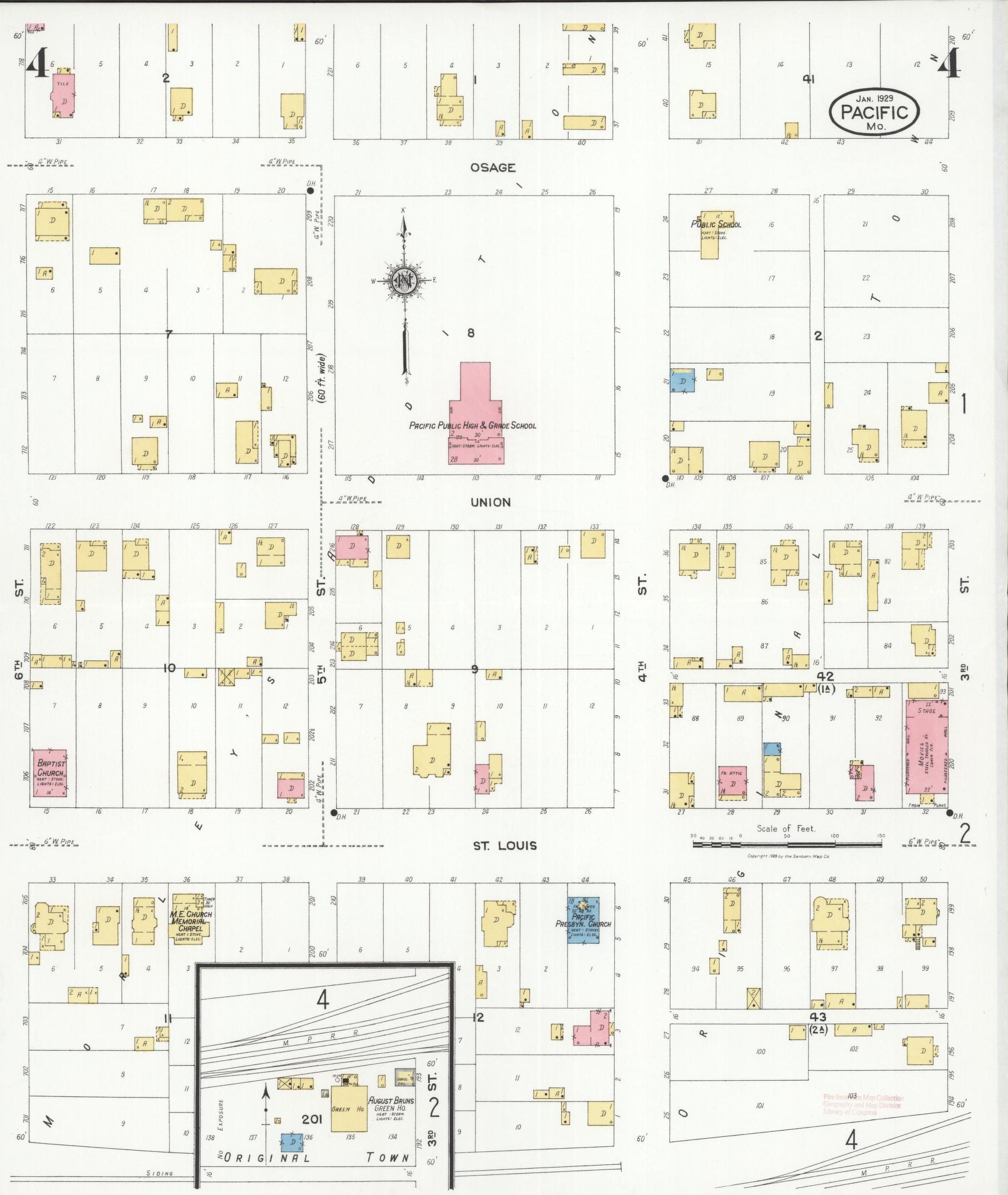 Sanborn Fire Insurance Map from Pacific, Franklin County, Missouri (1929), Sheet #0004 - Historic Sanborn Fire Insurance Map Print, vintage old map wall art, antique decor, genealogy gift, Missouri Missouri map