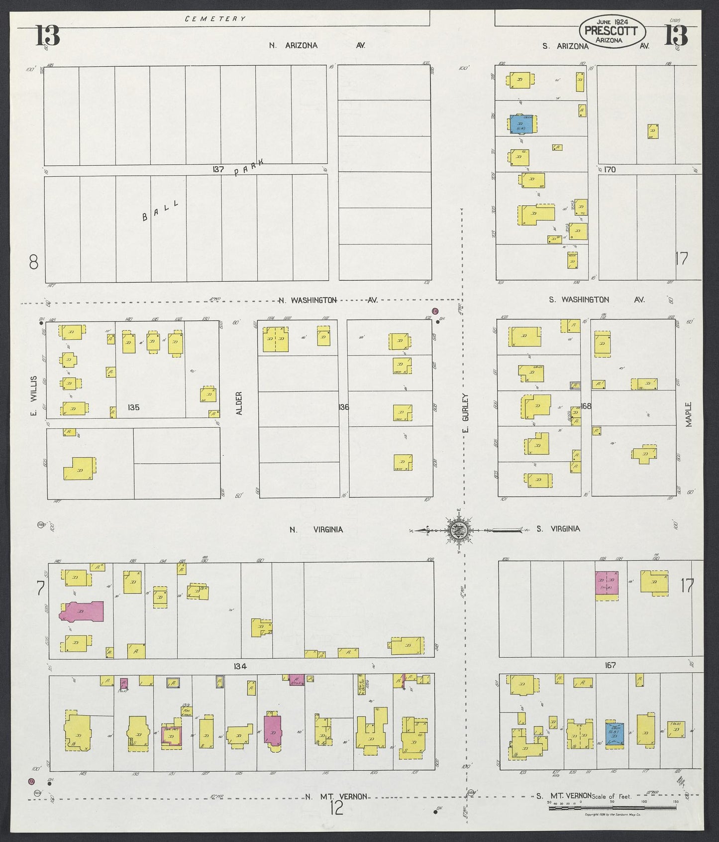 Sanborn Fire Insurance Map from Prescott, Yavapai County, Arizona (1924), Sheet #0013 - Historic Sanborn Fire Insurance Map Print, vintage old map wall art, antique decor, genealogy gift, Arizona Arizona map