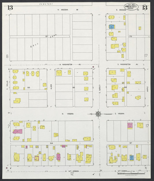 Sanborn Fire Insurance Map from Prescott, Yavapai County, Arizona (1924), Sheet #0013 - Historic Sanborn Fire Insurance Map Print, vintage old map wall art, antique decor, genealogy gift, Arizona Arizona map
