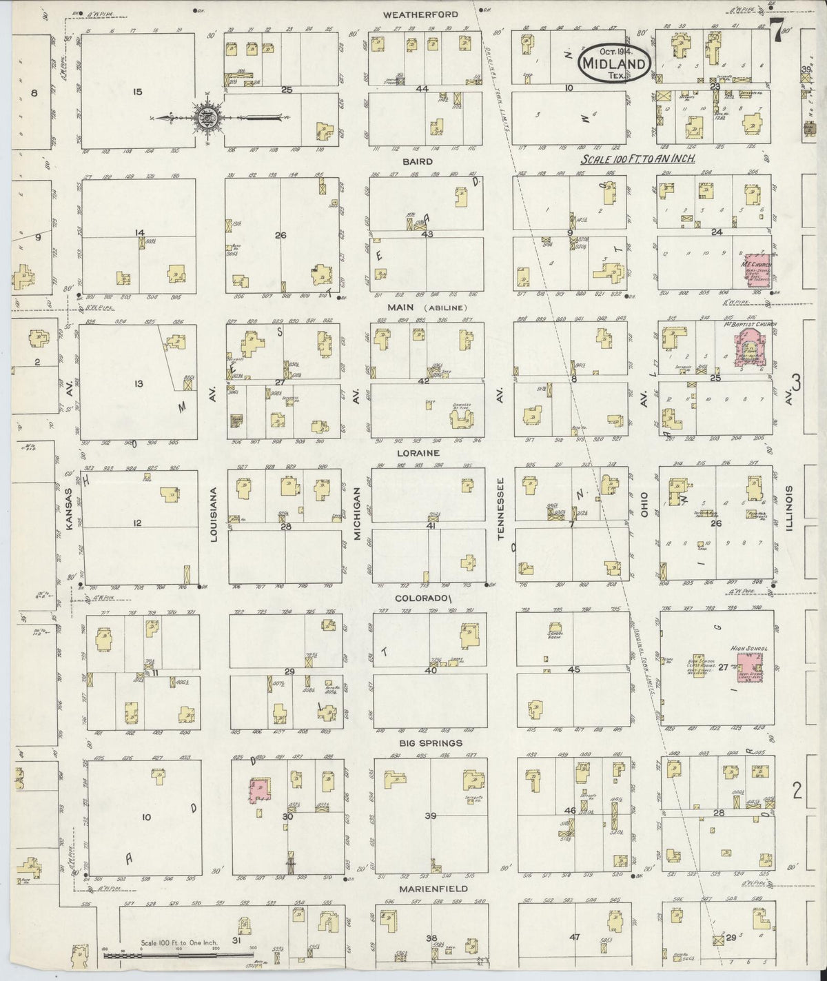 Sanborn Fire Insurance Map from Midland, Midland County, Texas (1914), Sheet #0007 - Historic Sanborn Fire Insurance Map Print, vintage old map wall art, antique decor, genealogy gift, Texas Texas map