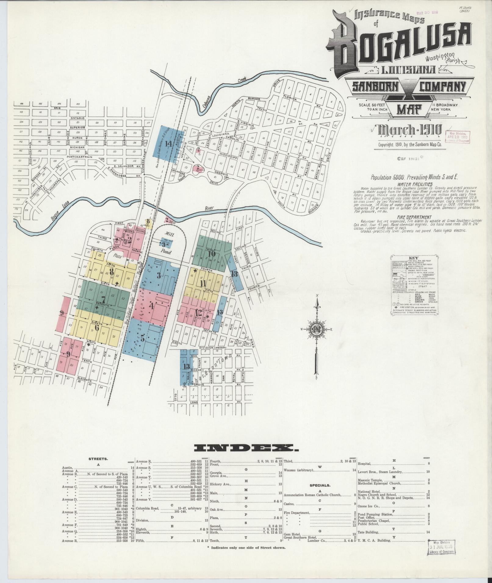 Sanborn Fire Insurance Map from Bogalusa, Washington Parish, Louisiana (1910), Sheet #0001 - Complete Map Set gallery image, historic Sanborn map, vintage wall art, Louisiana Louisiana