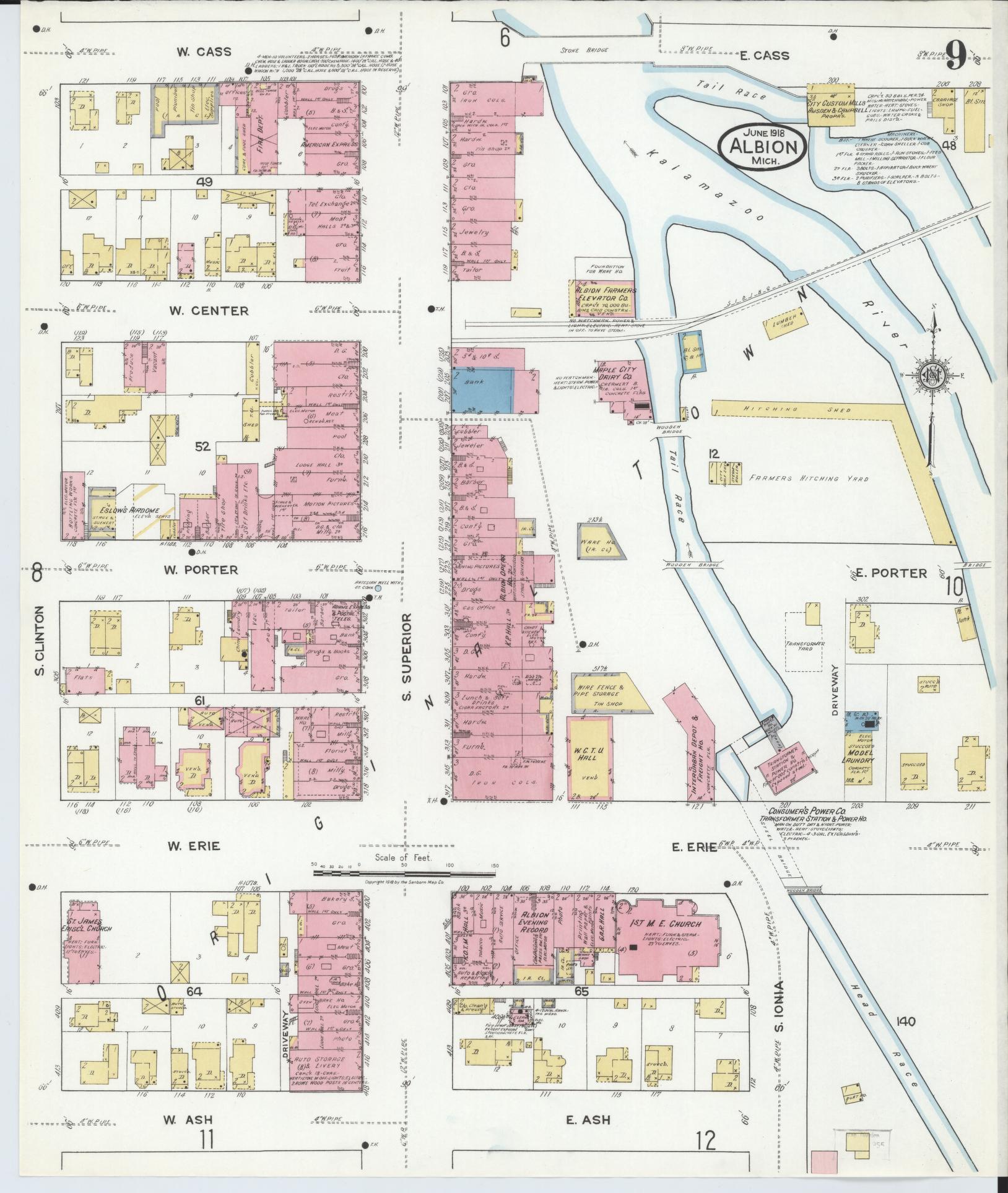 Sanborn Fire Insurance Map from Albion, Calhoun County, Michigan (1918), Sheet #0009 - Historic Sanborn Fire Insurance Map Print, vintage old map wall art, antique decor, genealogy gift, Michigan Michigan map