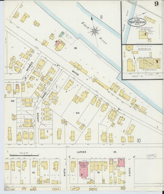 Sanborn Fire Insurance Map from Port Huron, Saint Clair County, Michigan (1898), Sheet #0009 - Historic Sanborn Fire Insurance Map Print, vintage old map wall art, antique decor, genealogy gift, Michigan Michigan map
