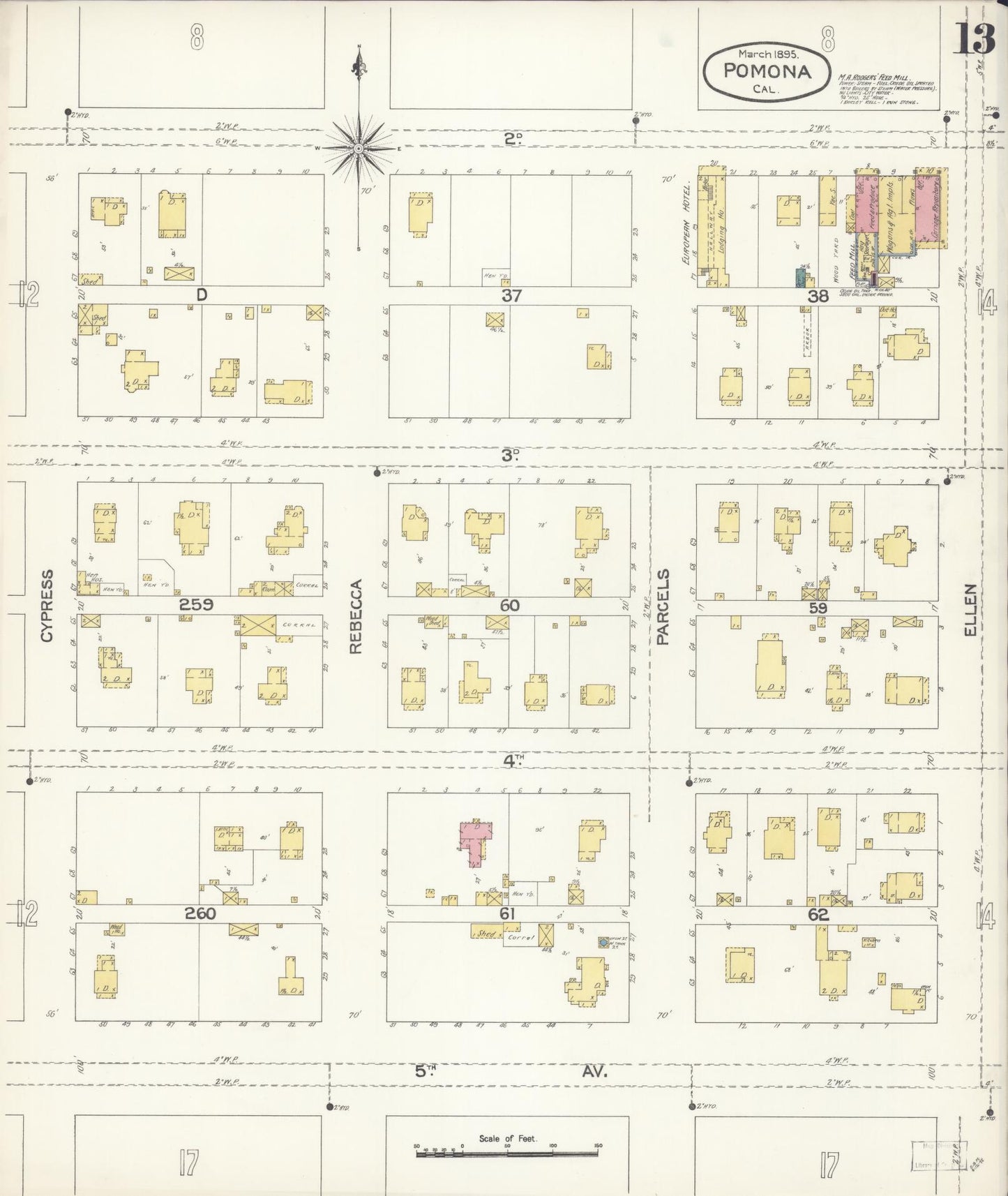 Sanborn Fire Insurance Map from Pomona, Los Angeles County, California (1895), Sheet #0013 - Complete Map Set gallery image, historic Sanborn map, vintage wall art, California California
