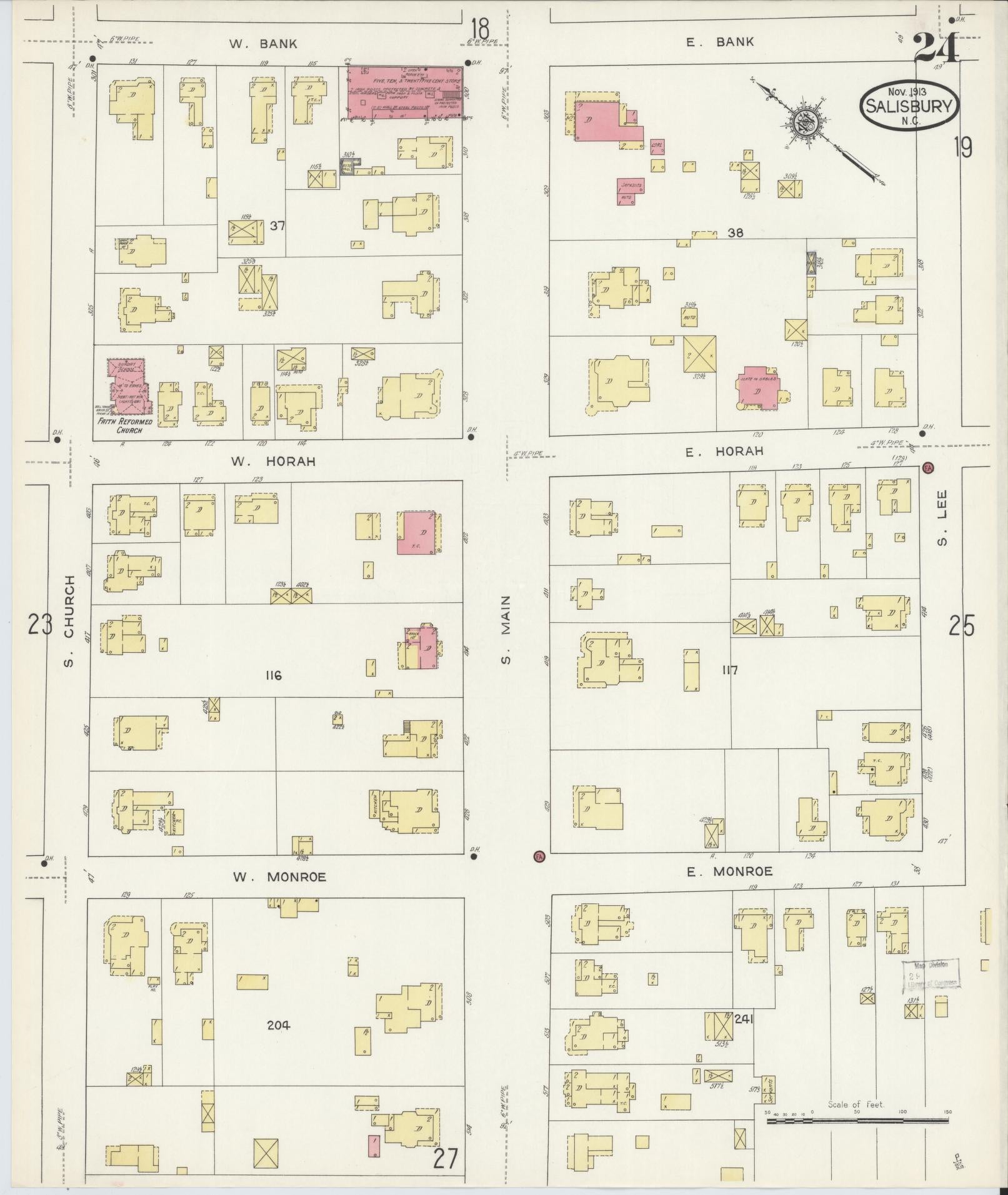 Sanborn Fire Insurance Map from Salisbury, Rowan County, North Carolina (1913), Sheet #0024 - Complete Map Set gallery image, historic Sanborn map, vintage wall art, North Carolina North Carolina
