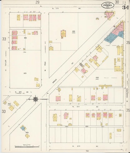 Sanborn Fire Insurance Map from Phoenix, Maricopa County, Arizona (1911), Sheet #0034 - Complete Map Set gallery image, historic Sanborn map, vintage wall art, Arizona Arizona