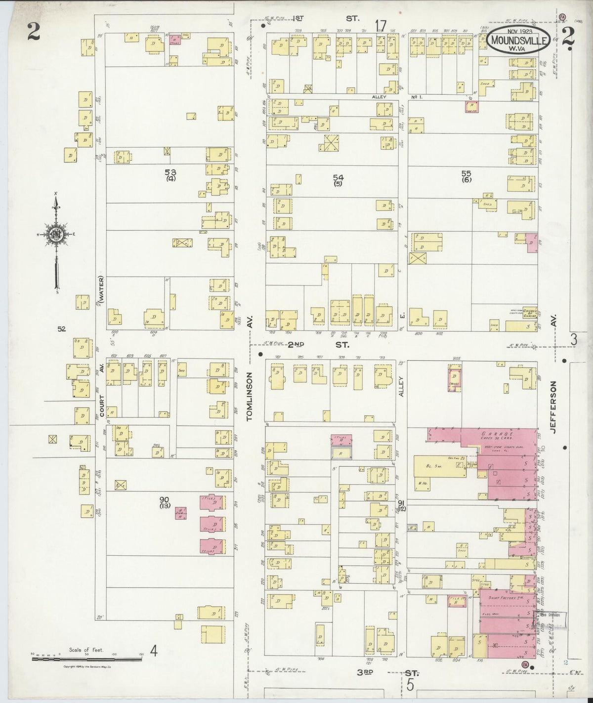 Sanborn Fire Insurance Map from Moundsville, Marshall County, West Virginia (1923), Sheet #0002 - Historic Sanborn Fire Insurance Map Print, vintage old map wall art, antique decor, genealogy gift, West Virginia West Virginia map