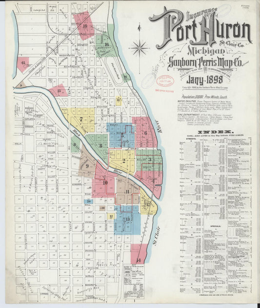 Sanborn Fire Insurance Map from Port Huron, Saint Clair County, Michigan (1898), Sheet #0001 - Historic Sanborn Fire Insurance Map Print, vintage old map wall art, antique decor, genealogy gift, Michigan Michigan map